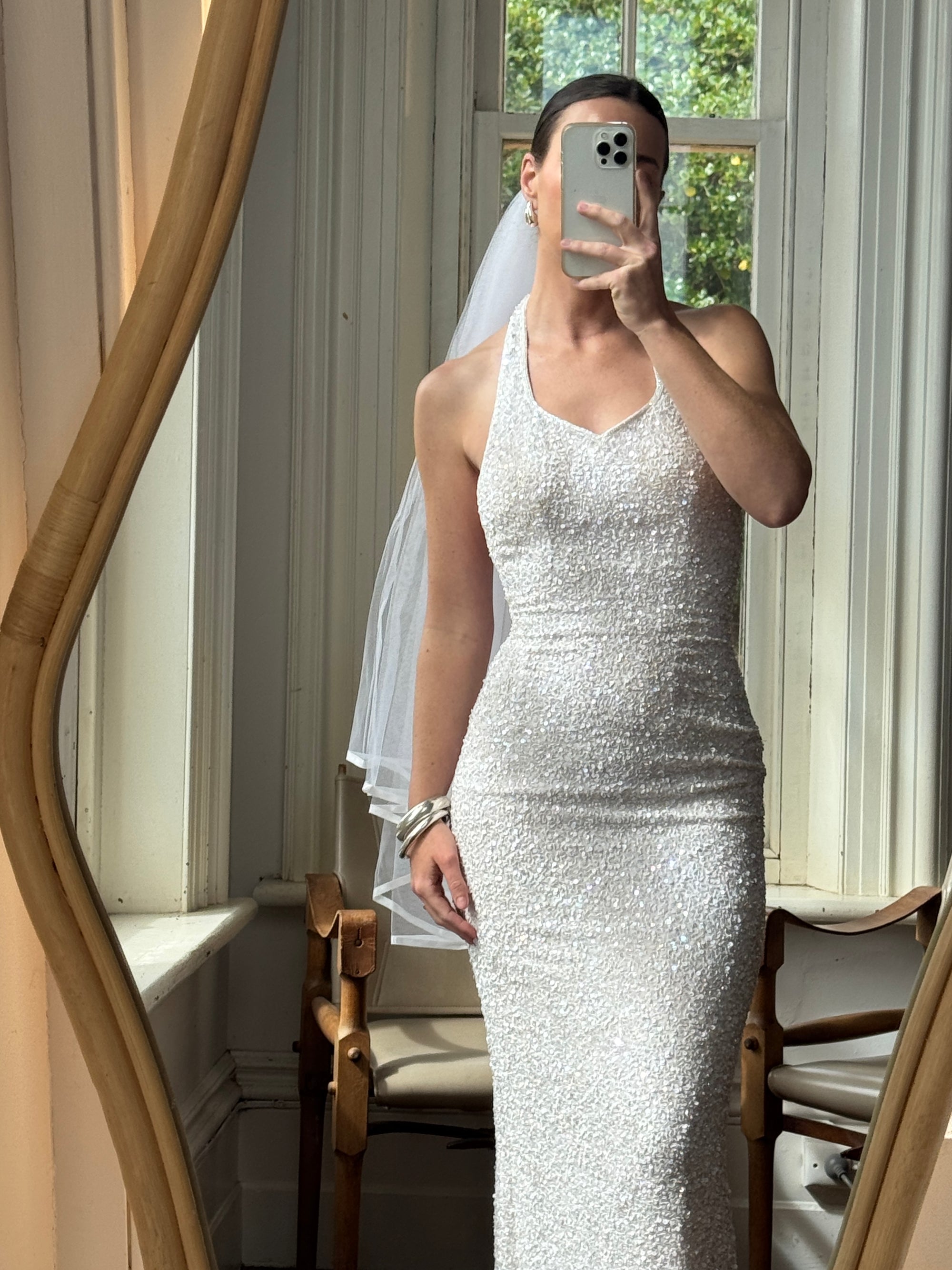 Vintage 90s Sequin Embellished Halter Bodycon Midi Dress White