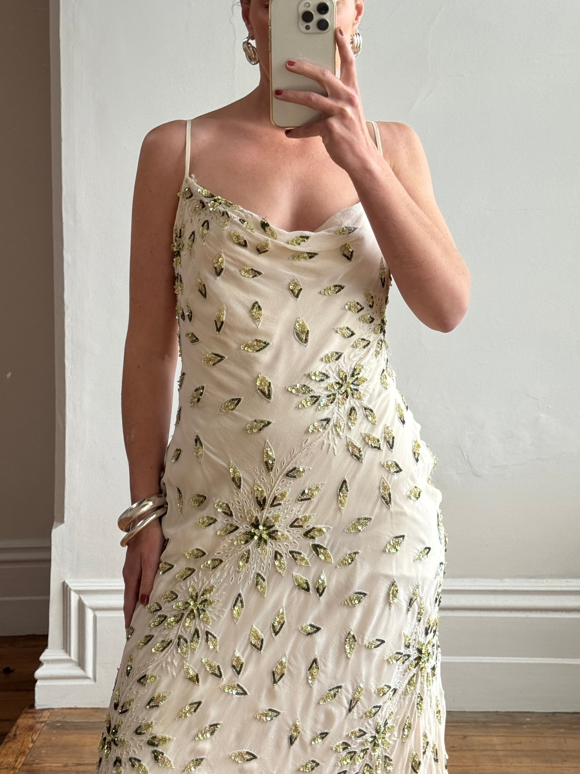 Vintage 90s Pure Silk Sequin Leaf Cowl Neck Dress