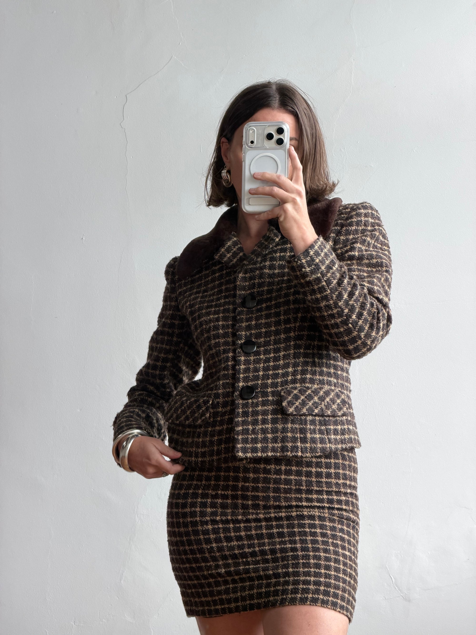 Vintage 90s Italian Chocolate Plaid Twin Faux Fur Set