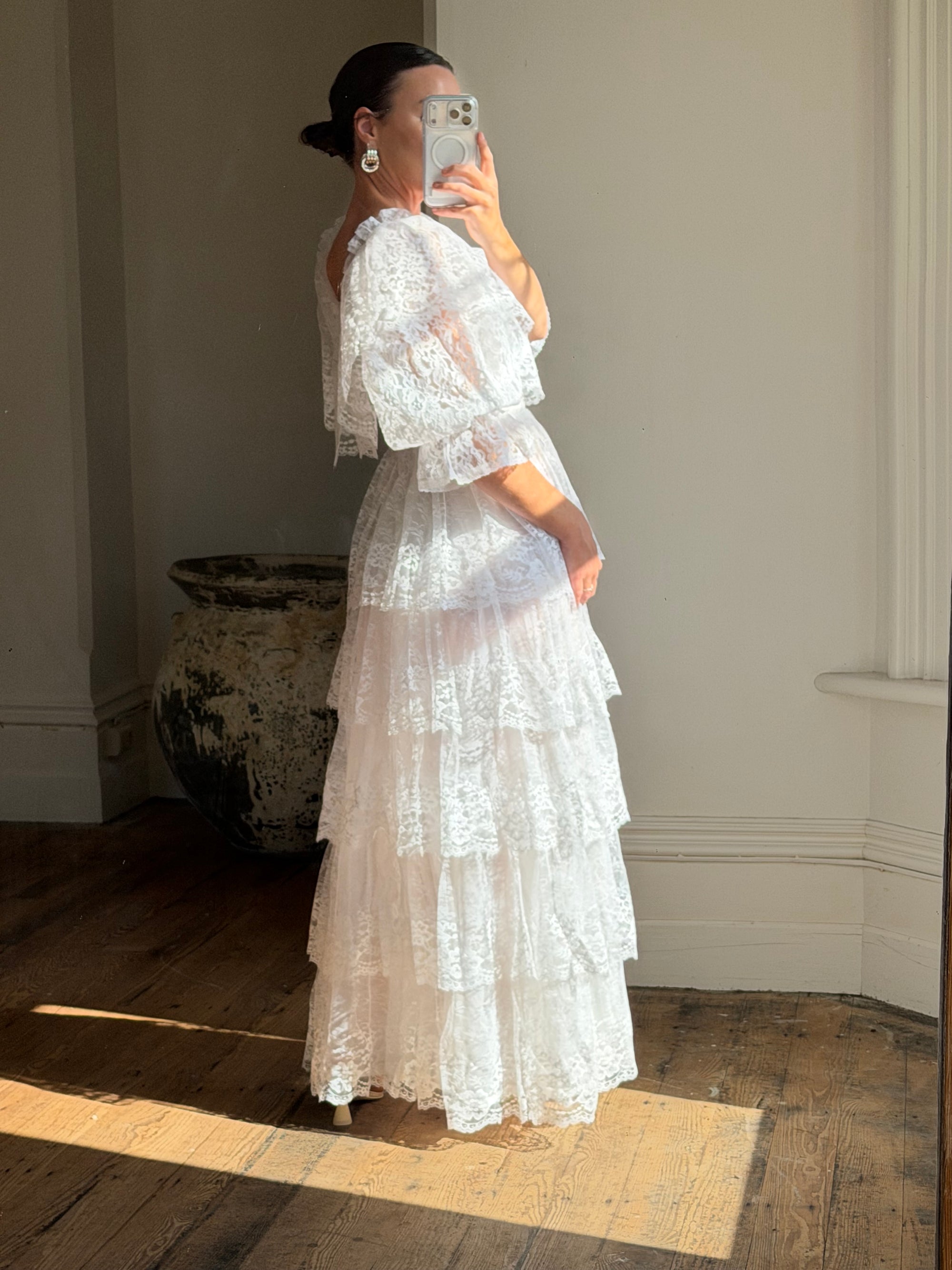 Vintage 70s Tiered Lace Wedding Dress Crisp White