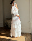Vintage 70s Tiered Lace Wedding Dress Crisp White