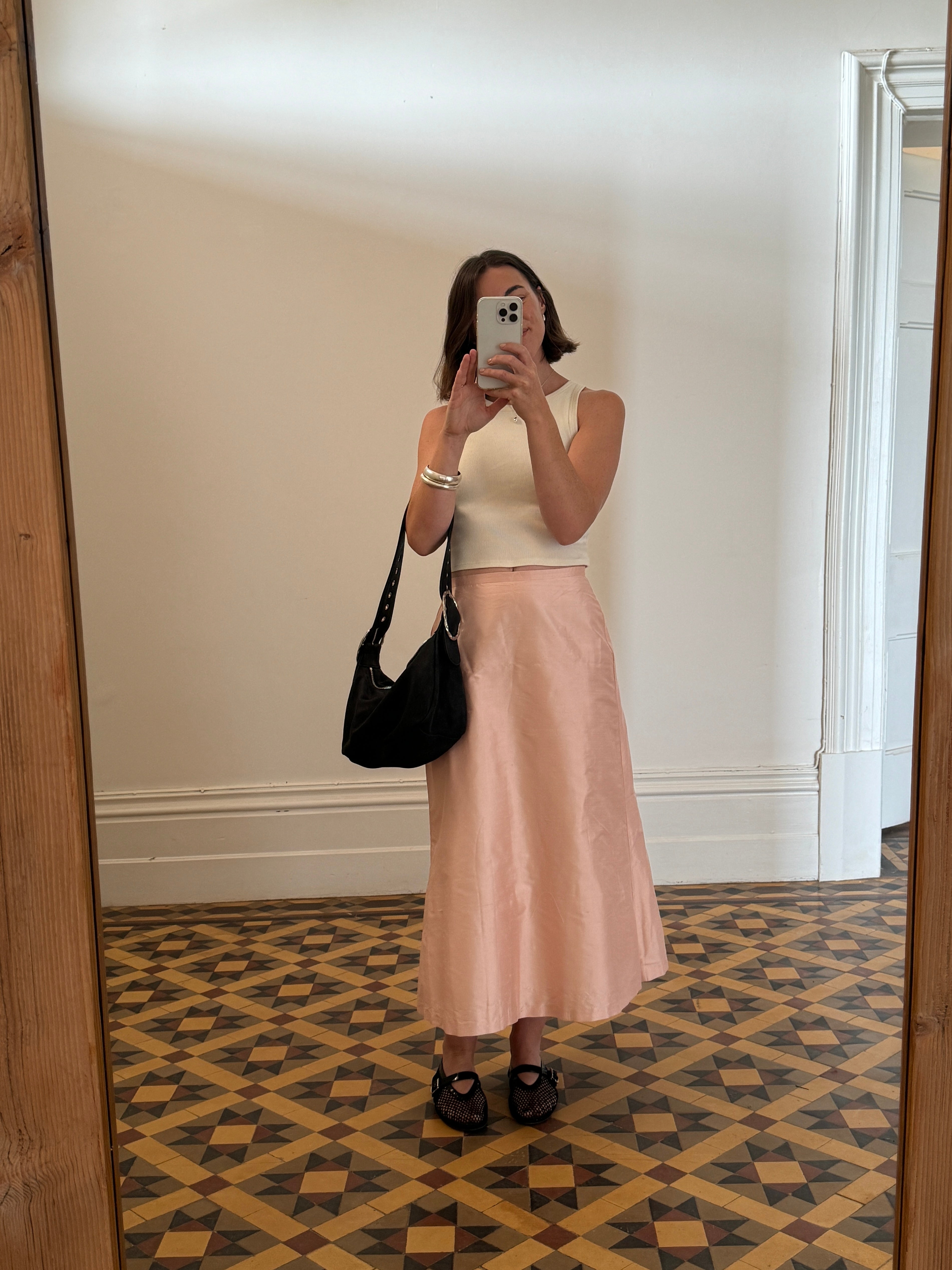 Vintage Pink Pure Silk High Waist Midi Skirt