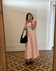 Vintage Pink Pure Silk High Waist Midi Skirt