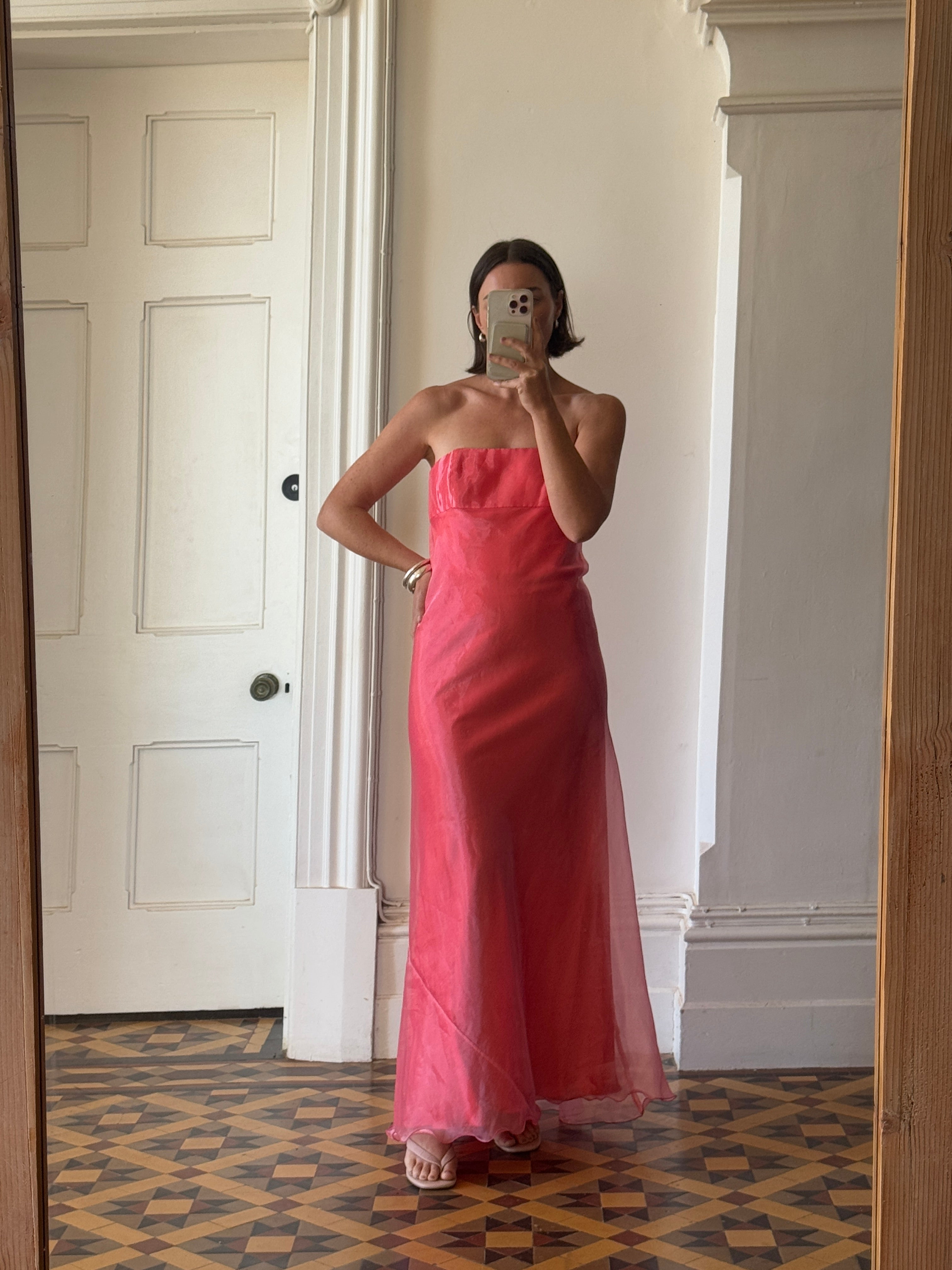 Vintage 90s Watermelon Shimmer Organza Strapless Gown