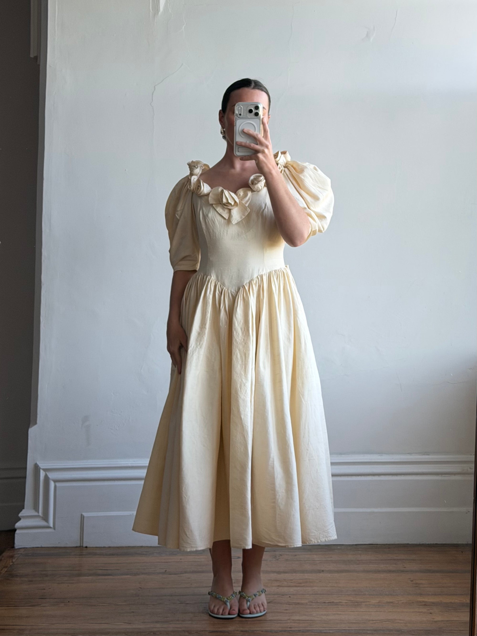 Vintage 90s Silk Dupion Rosette Bridal Midi Gown