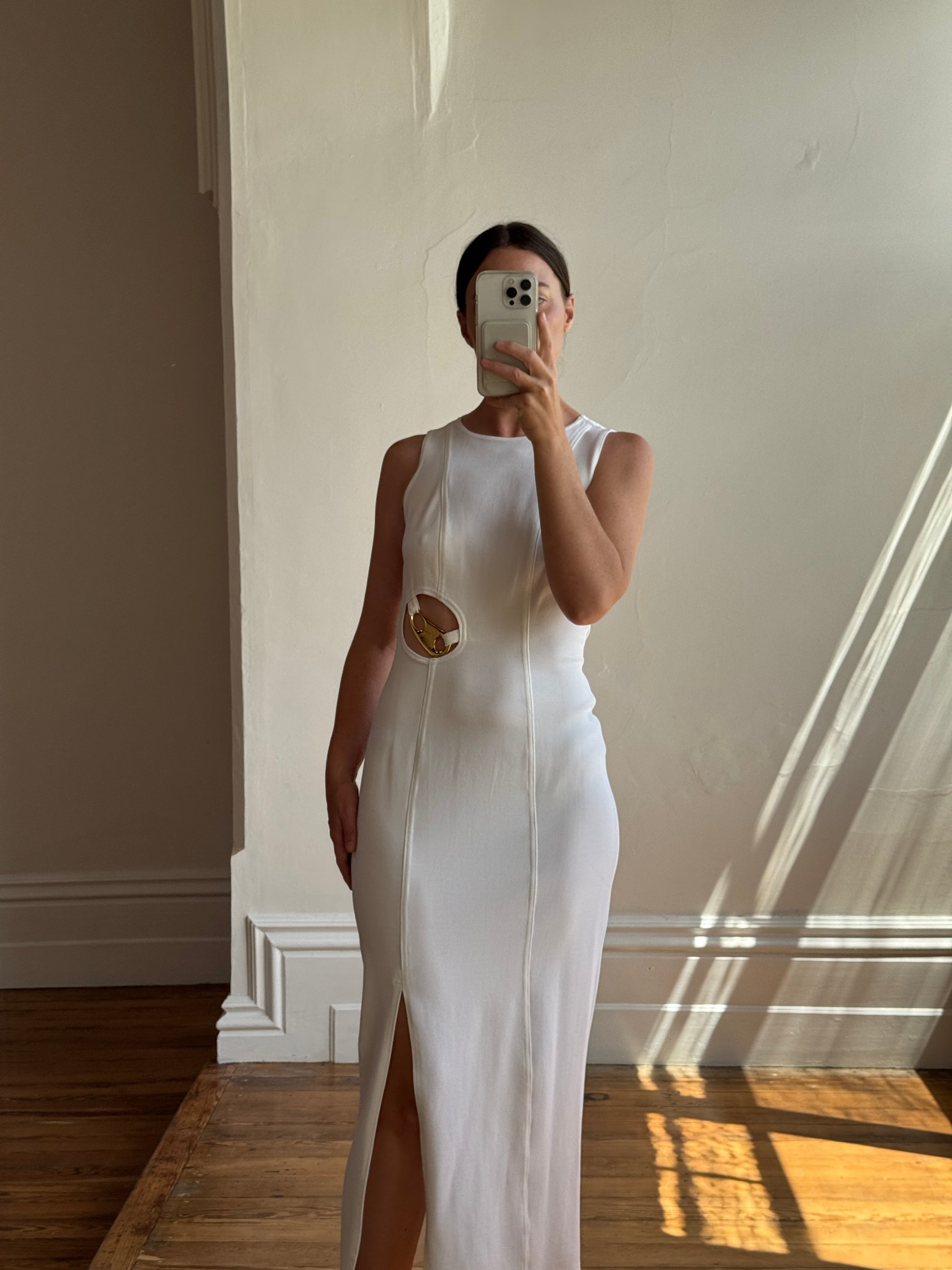 Vintage 90s Body Con Ivory Dress with Gold Hardware