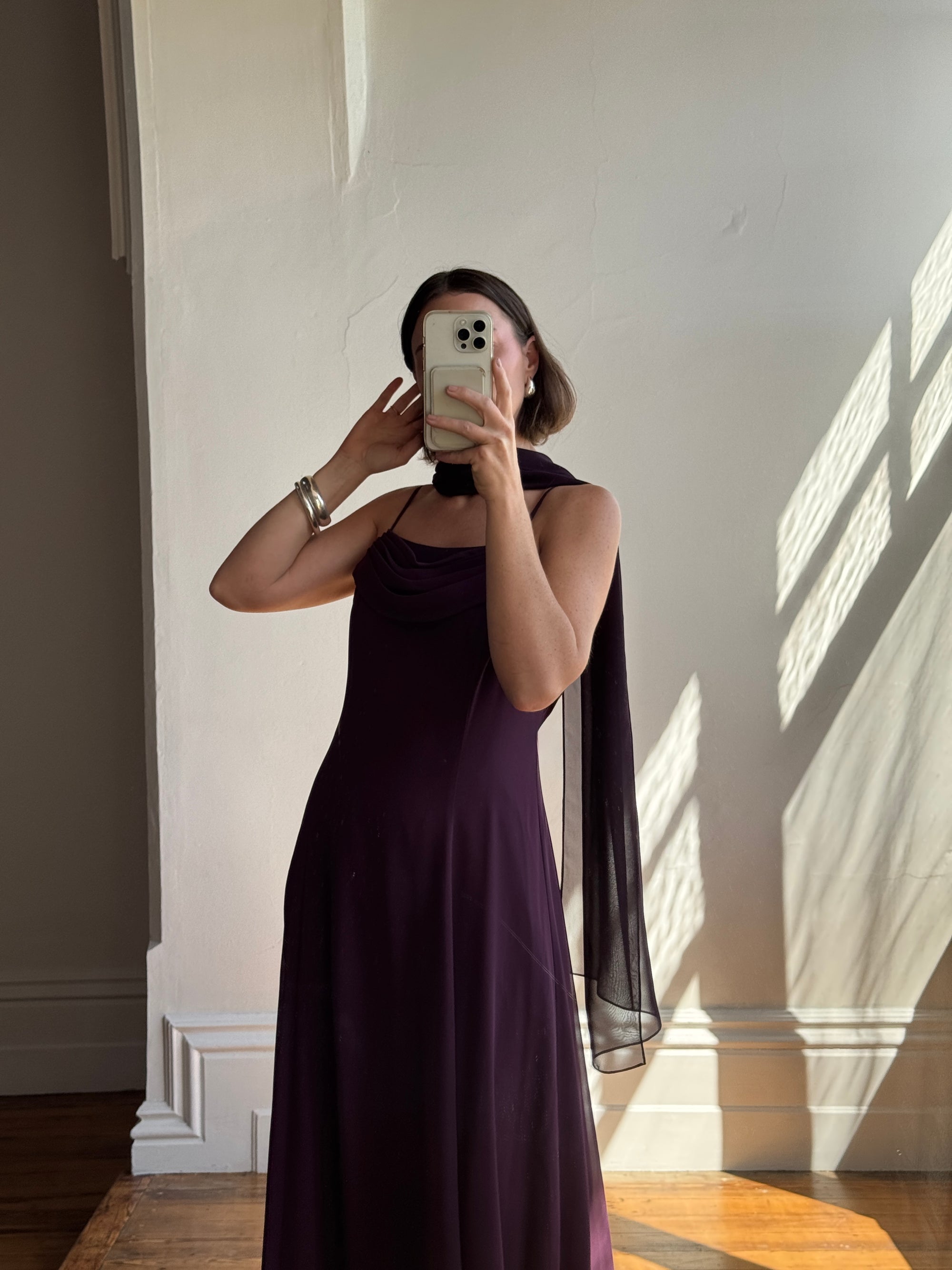 90s cowl neck dress 1990S Purple Bias Cut Rayon Silk Burnout Velvet Floral Cowl Neck Gown