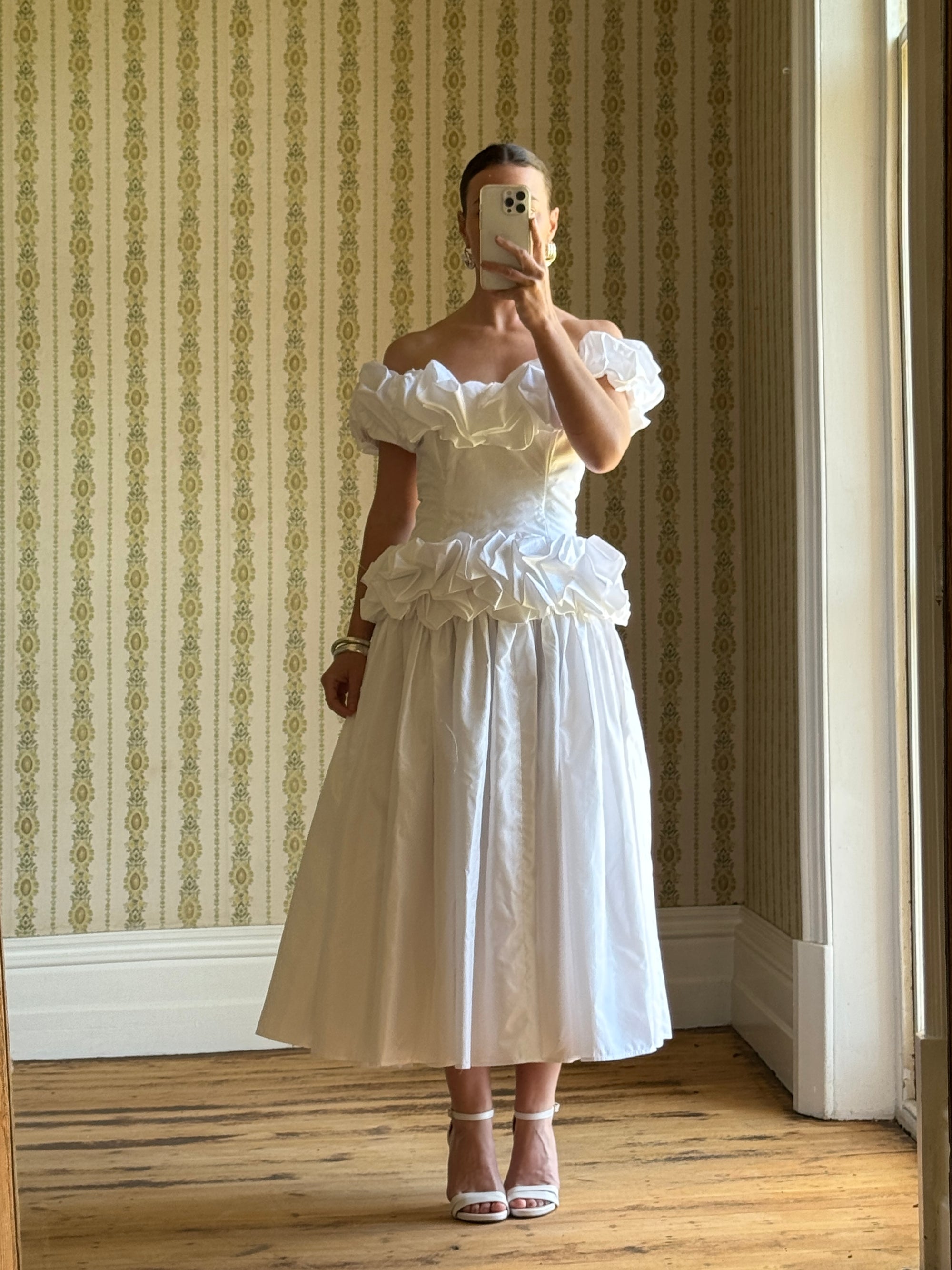 Vintage 80s Taffeta Ruffle Off Shoulder Wedding Dress