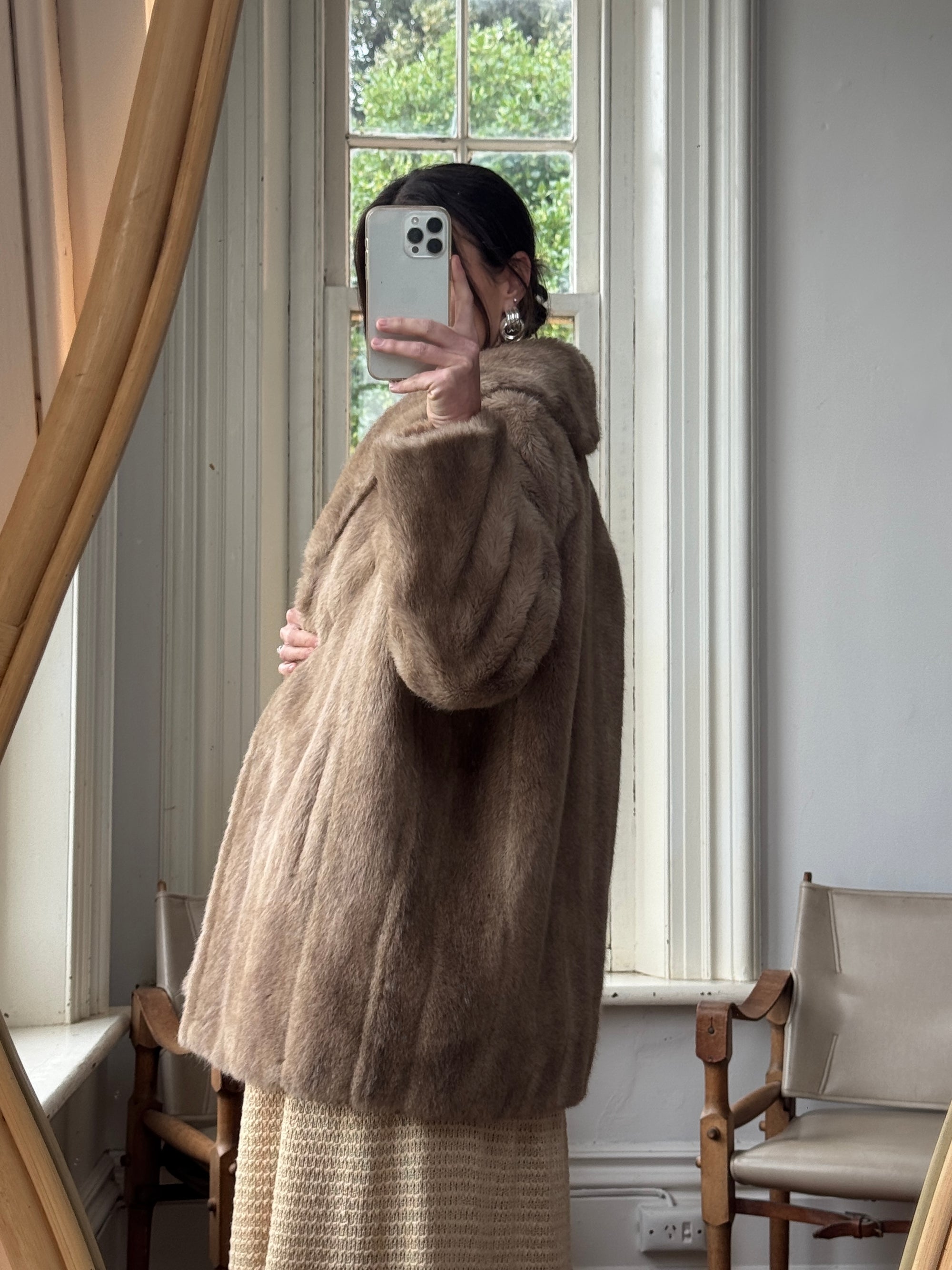 Vintage 60s Latte Faux Fur Mid Length Coat