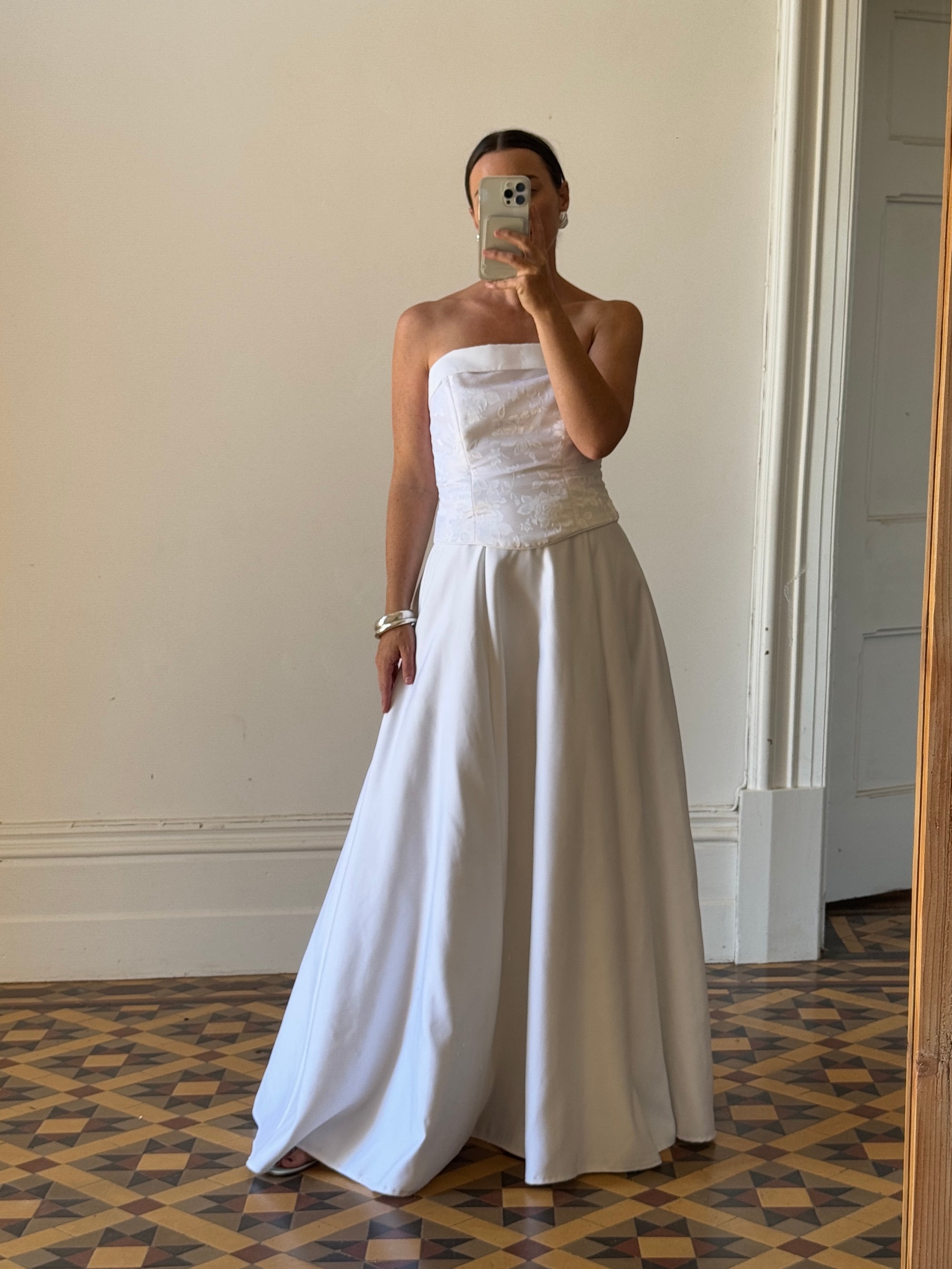 Vintage 90s Floral Jacquard Satin Corset and A-Line Skirt Set