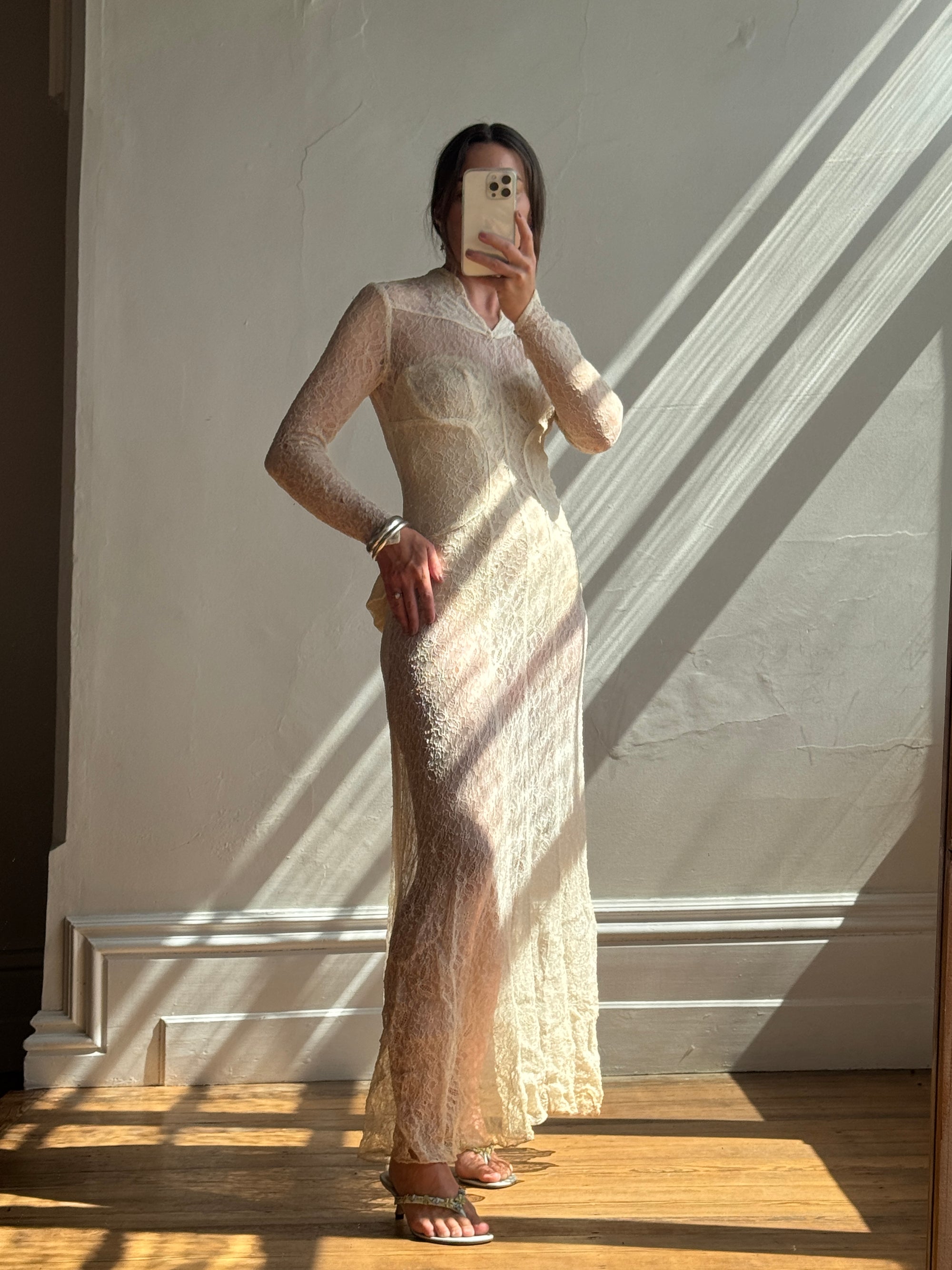 Vintage 20s Sheer Lace Bias Cut Wedding Gown