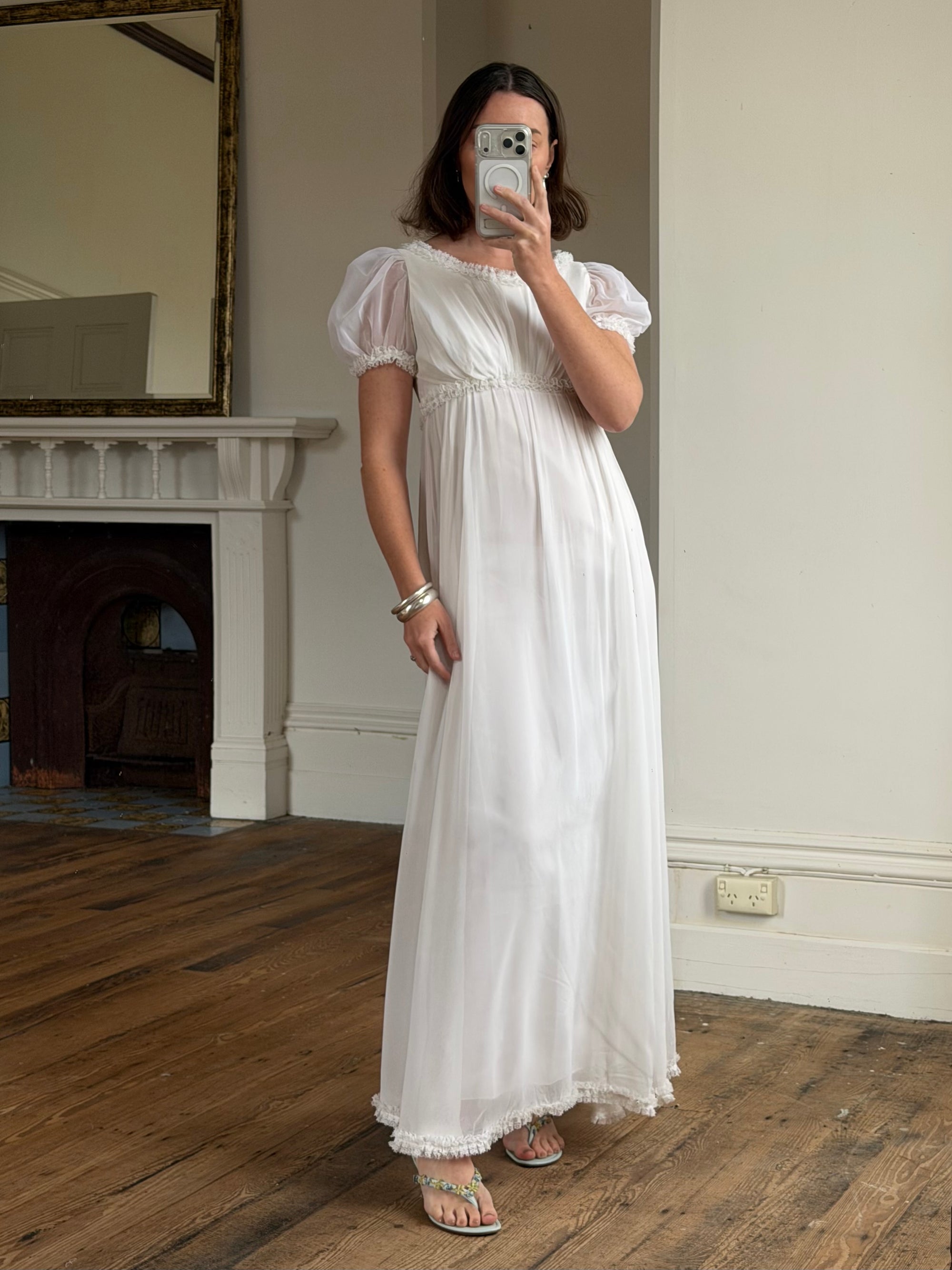 Vintage 70s White Chiffon Smocked Puff Sleeve Wedding Dress