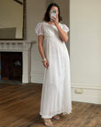 Vintage 70s White Chiffon Smocked Puff Sleeve Wedding Dress