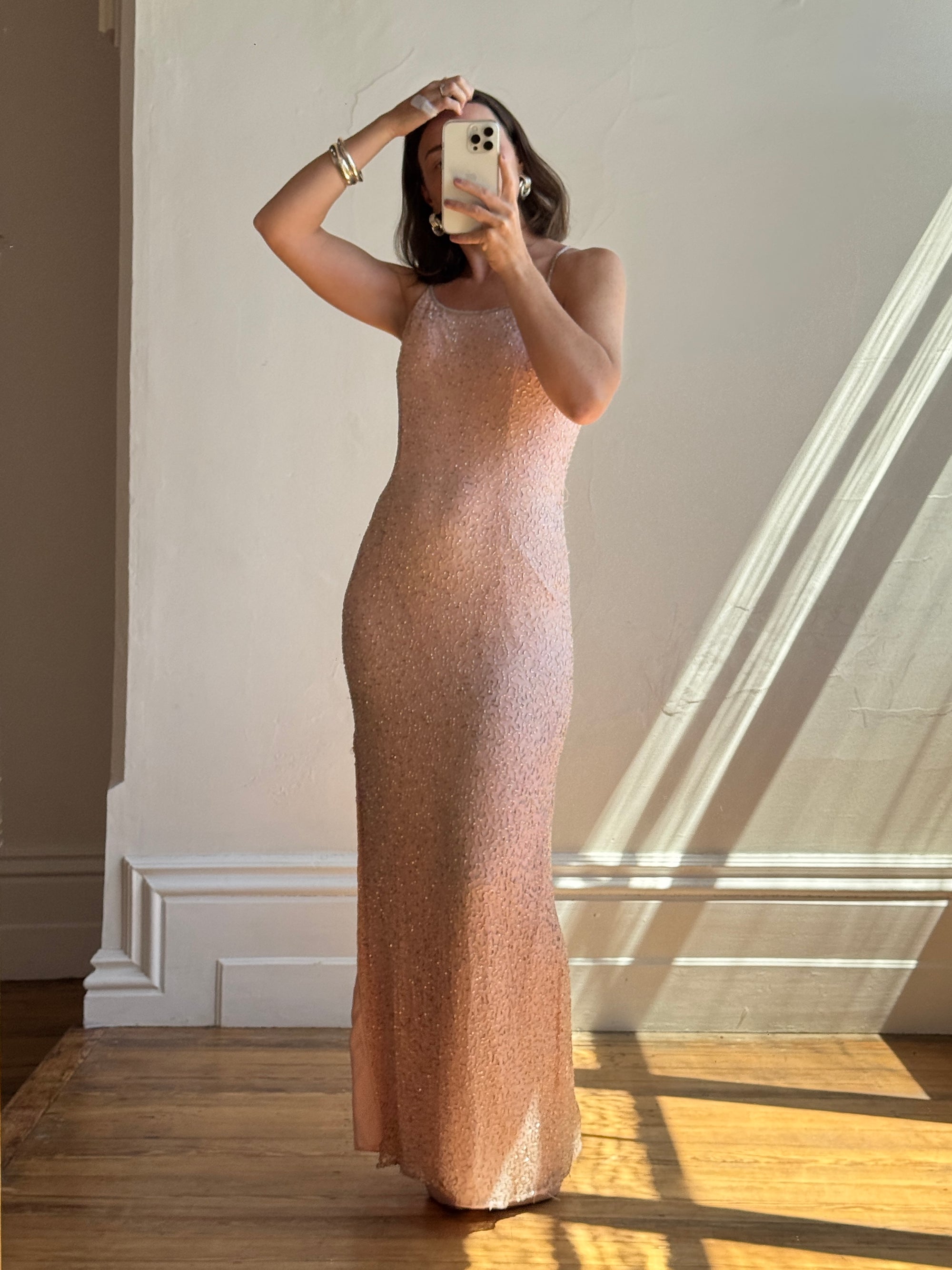 Vintage 90s Beaded Silk Party Dress Blush