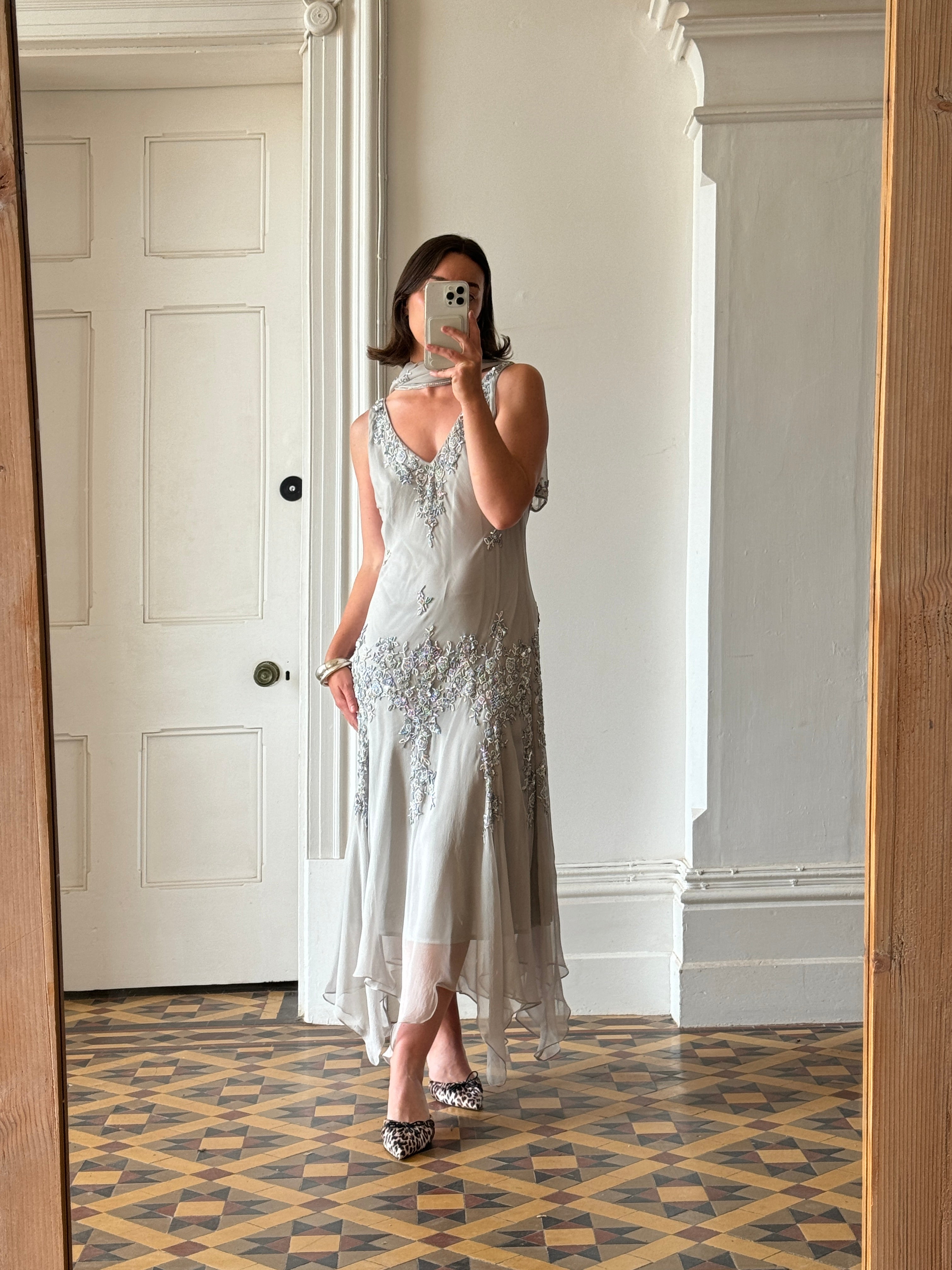 Vintage 90s Pure Silk Beaded V Neck Dress Light Grey
