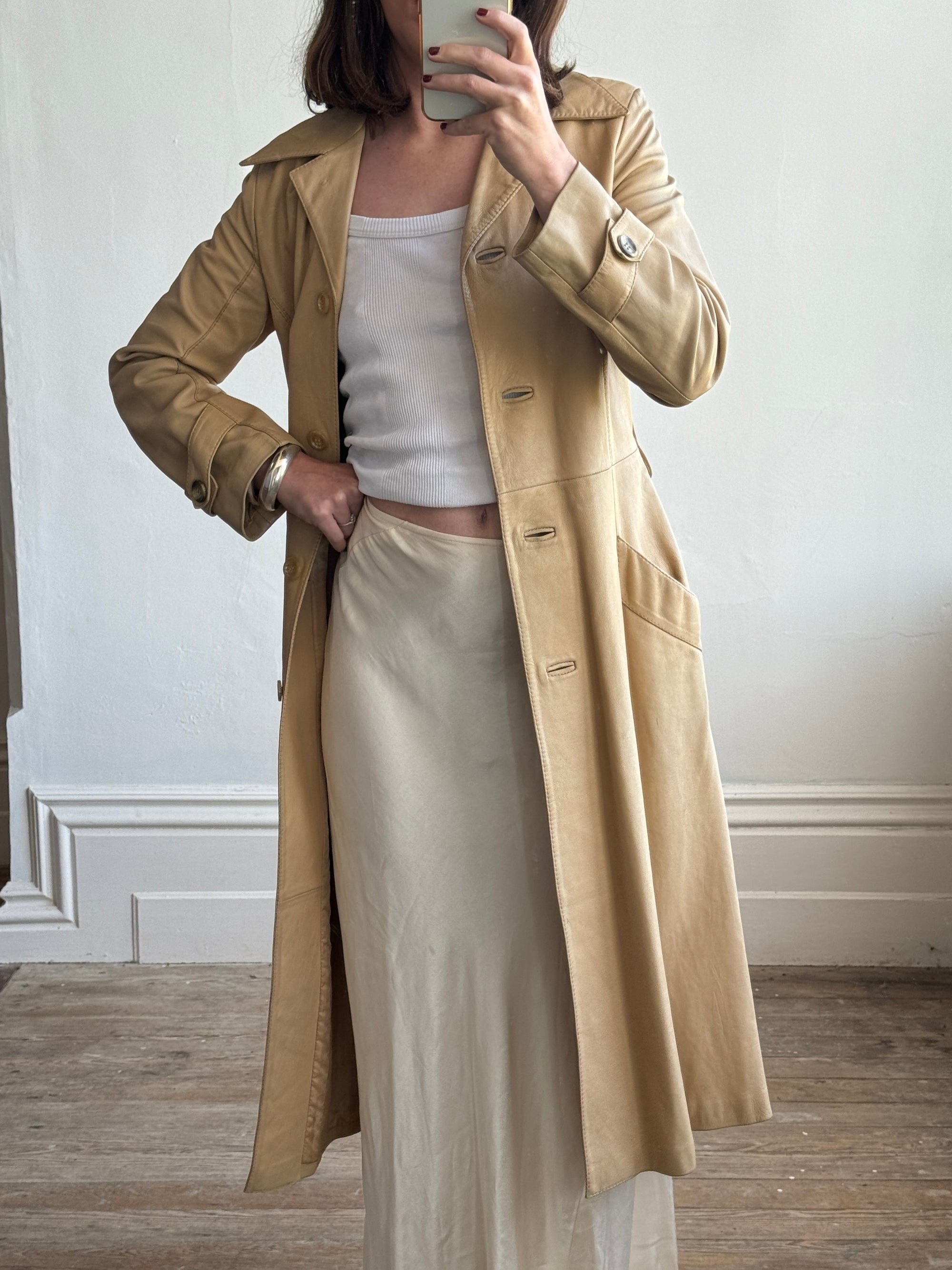 Vintage 70s Caramel Leather Trench Coat