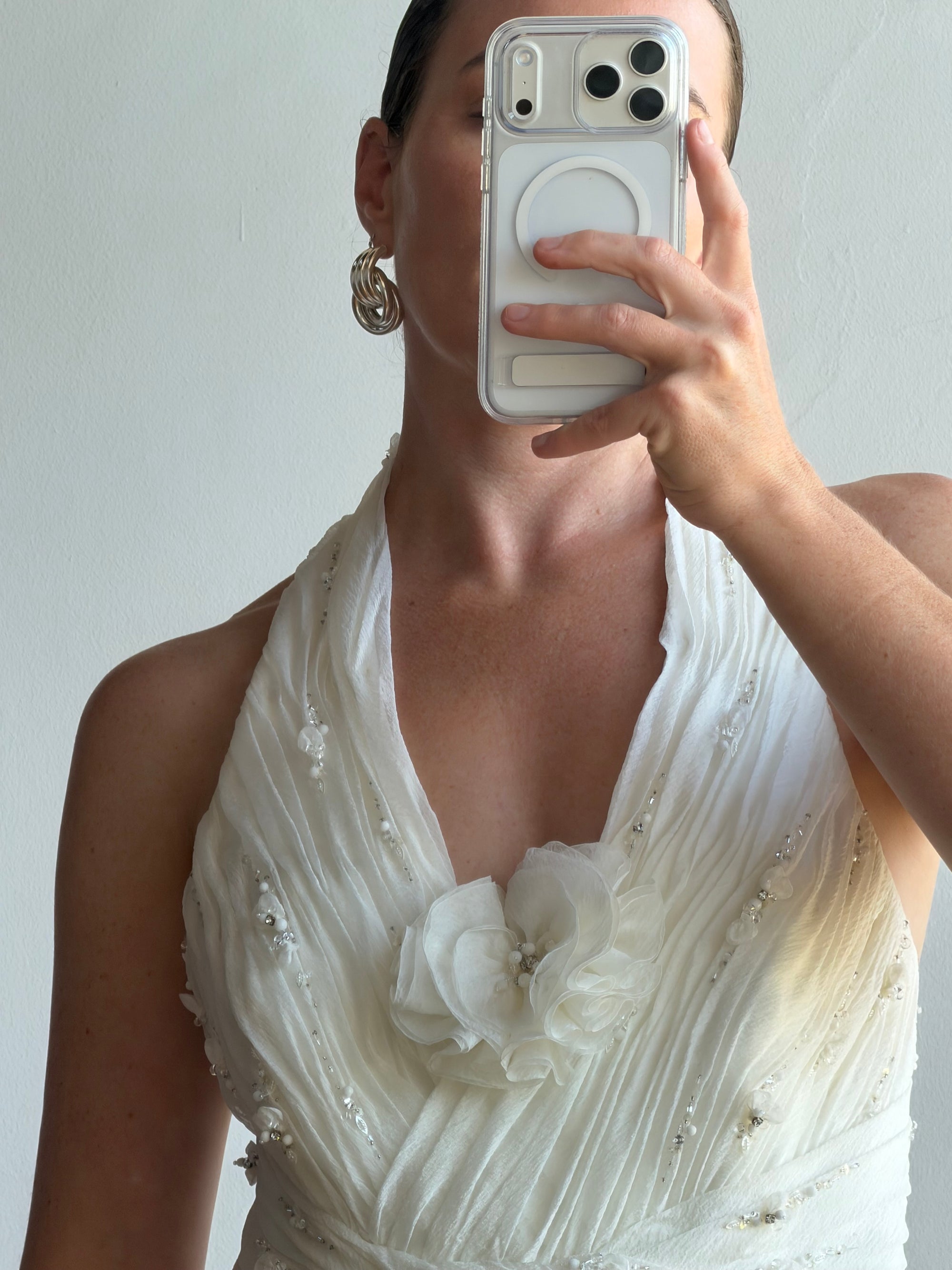 Vintage 90s Italian Plus Size Halter Ruffle Wedding Gown