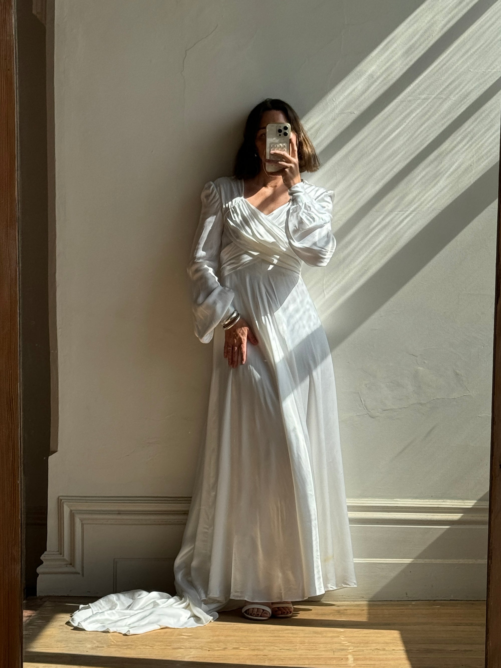 Vintage 60s Ivory Satin Draped Wedding Dress With Train