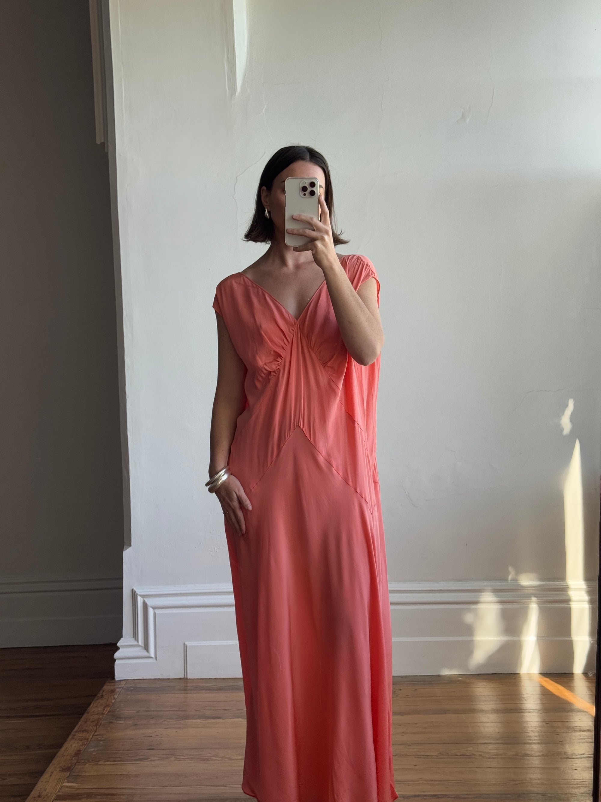 Vintage 30s Plus Size Art Deco Slip Dress Coral