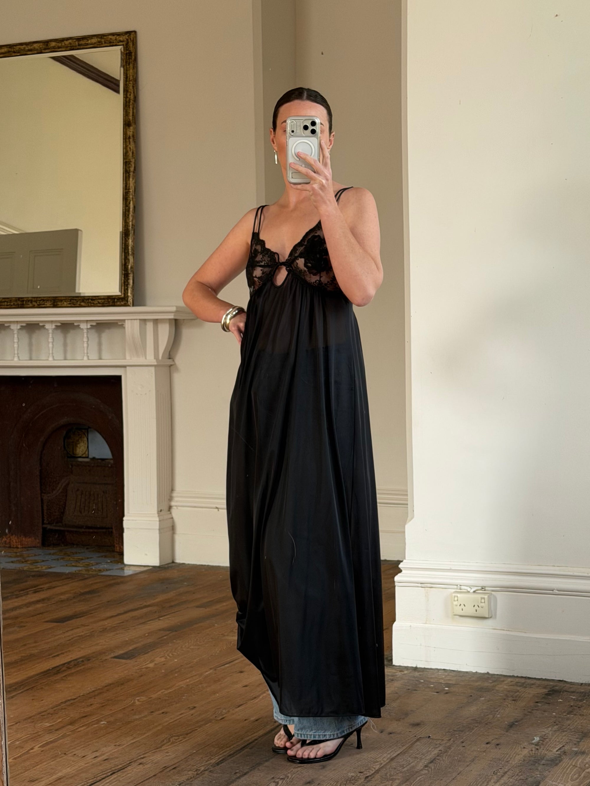 Vintage 80s Sheer Lace Slip Dress Noir