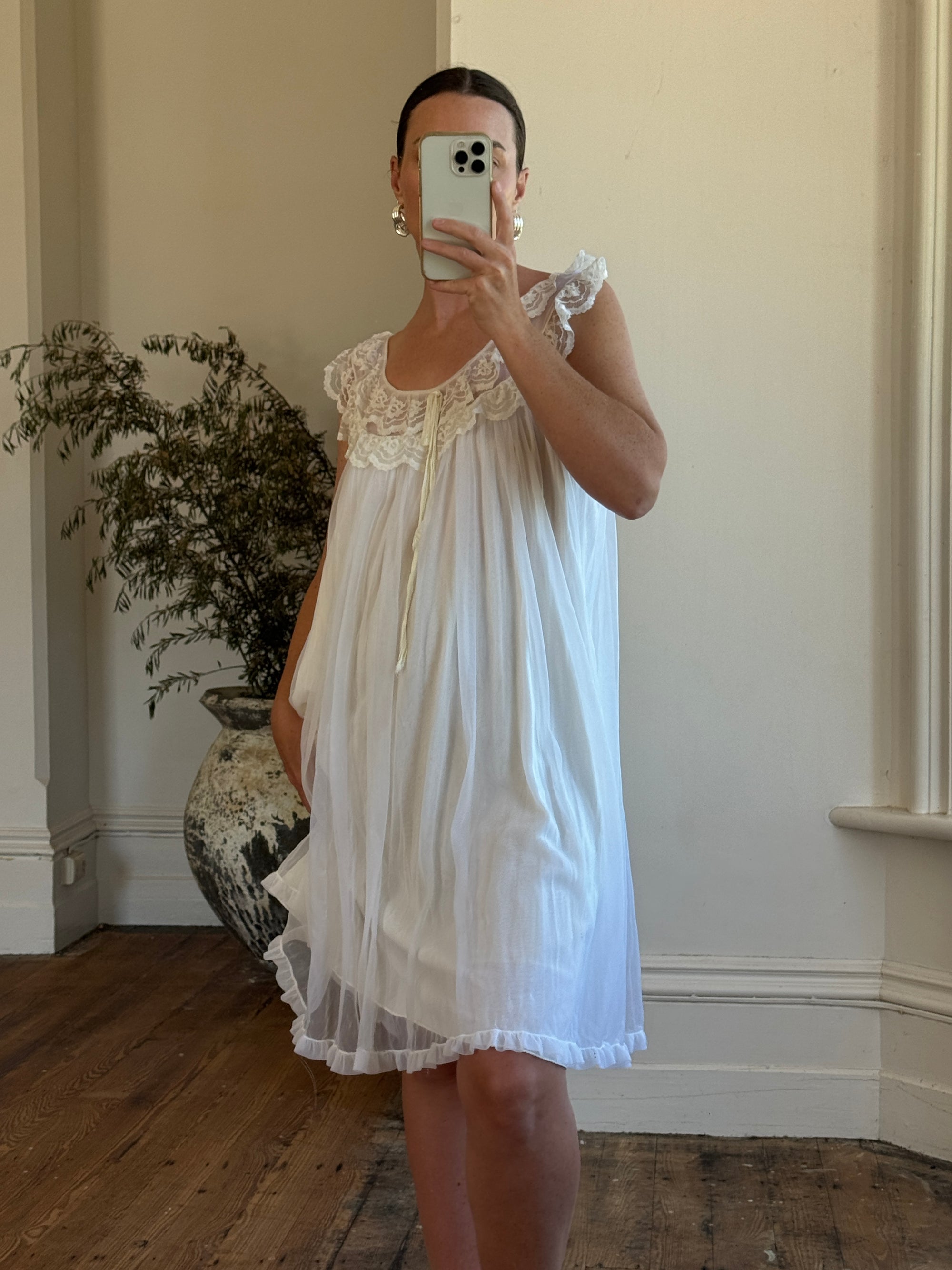 Vintage 50s Wedding Morning Ruffle Slip Ivory