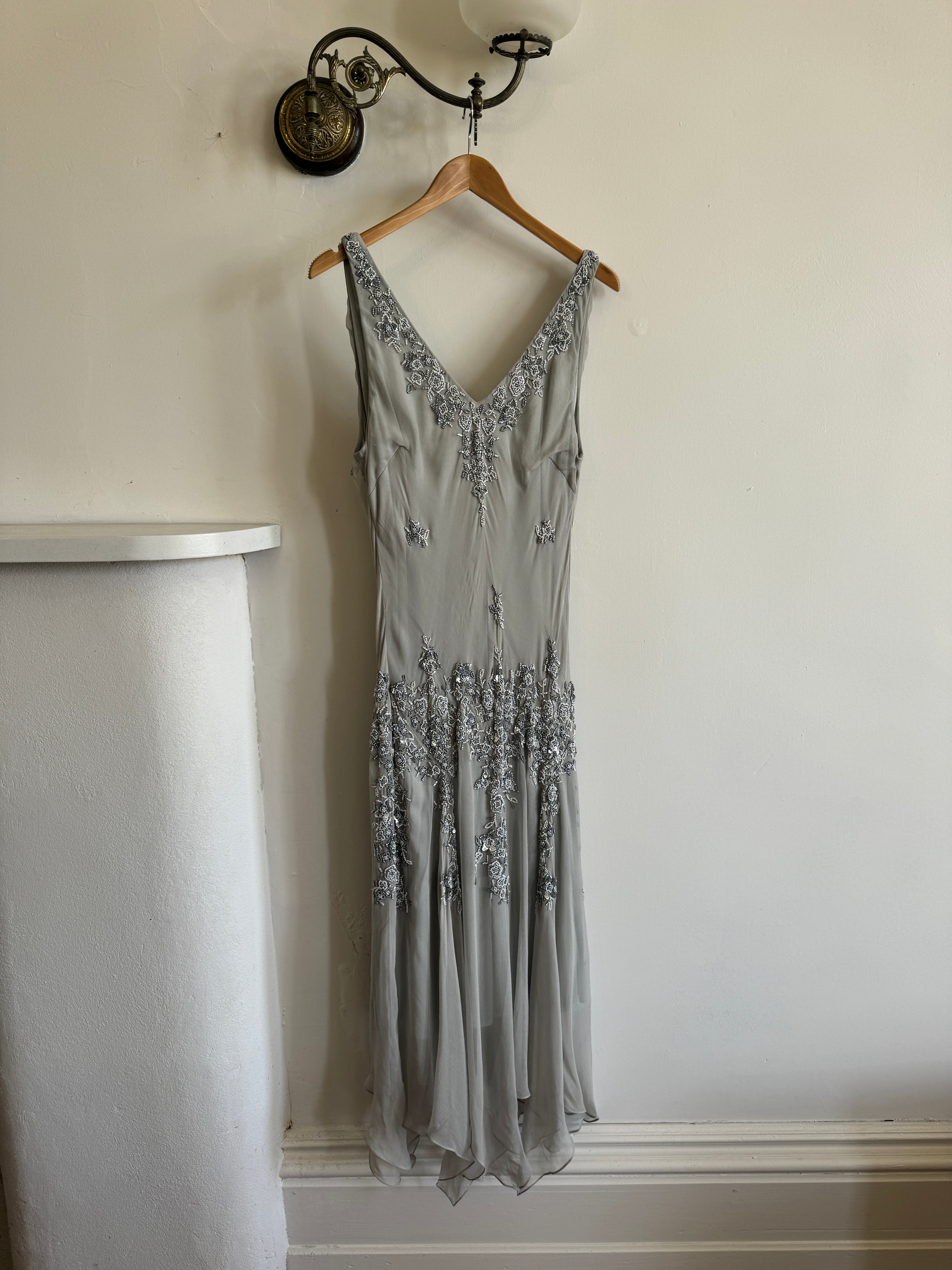 Vintage 90s Pure Silk Beaded V Neck Dress Light Grey