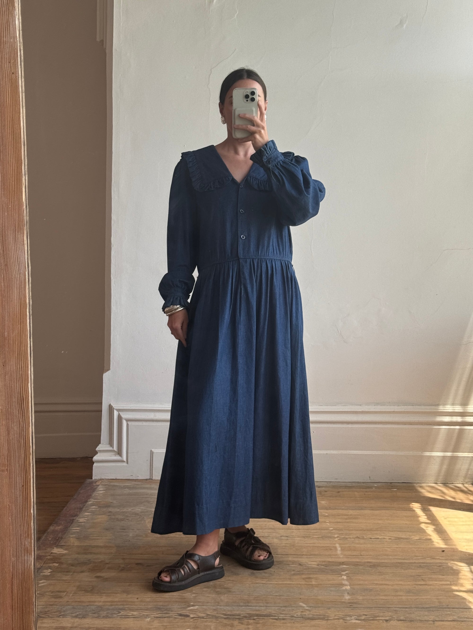 Vintage 80s Giant Collar Chambray Dress Navy