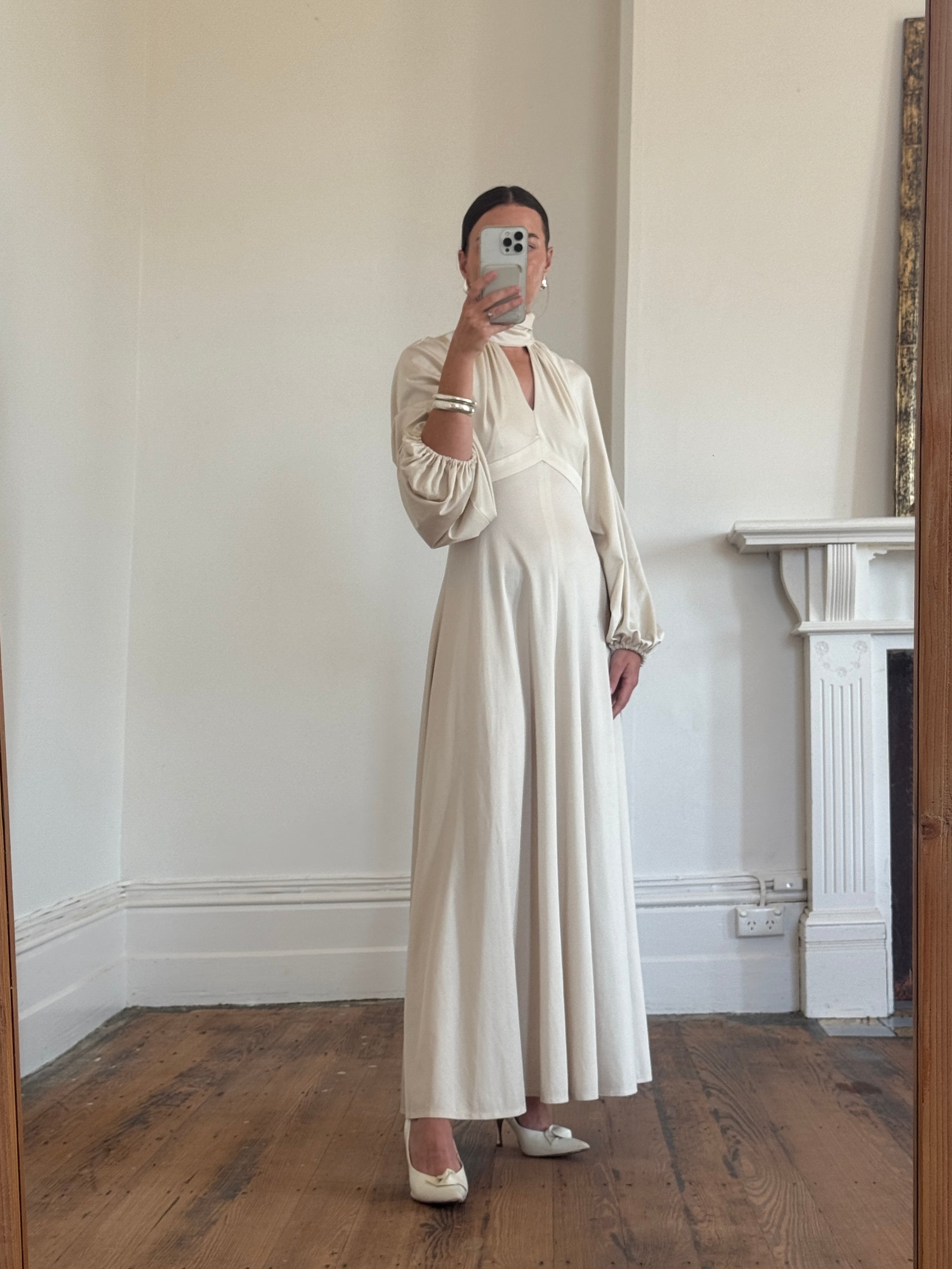 Vintage 70s Jersey High Neck Maxi Dress Creme