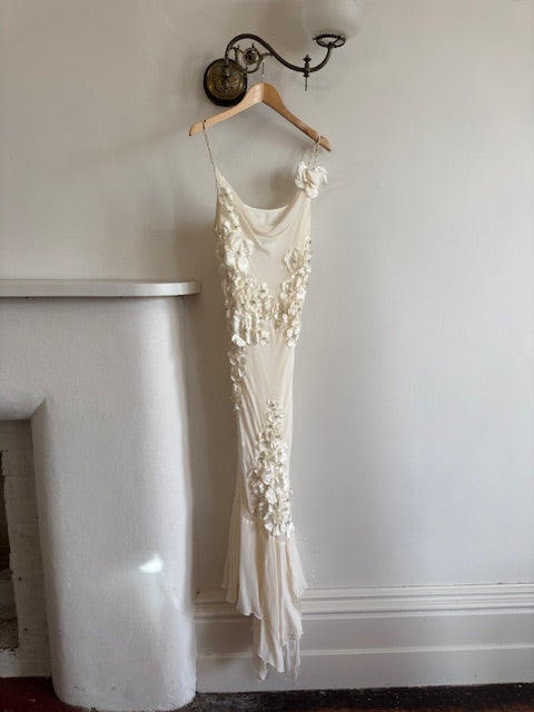 Vintage 90s Pure Silk 3D Floral Fairy Dress Ivory