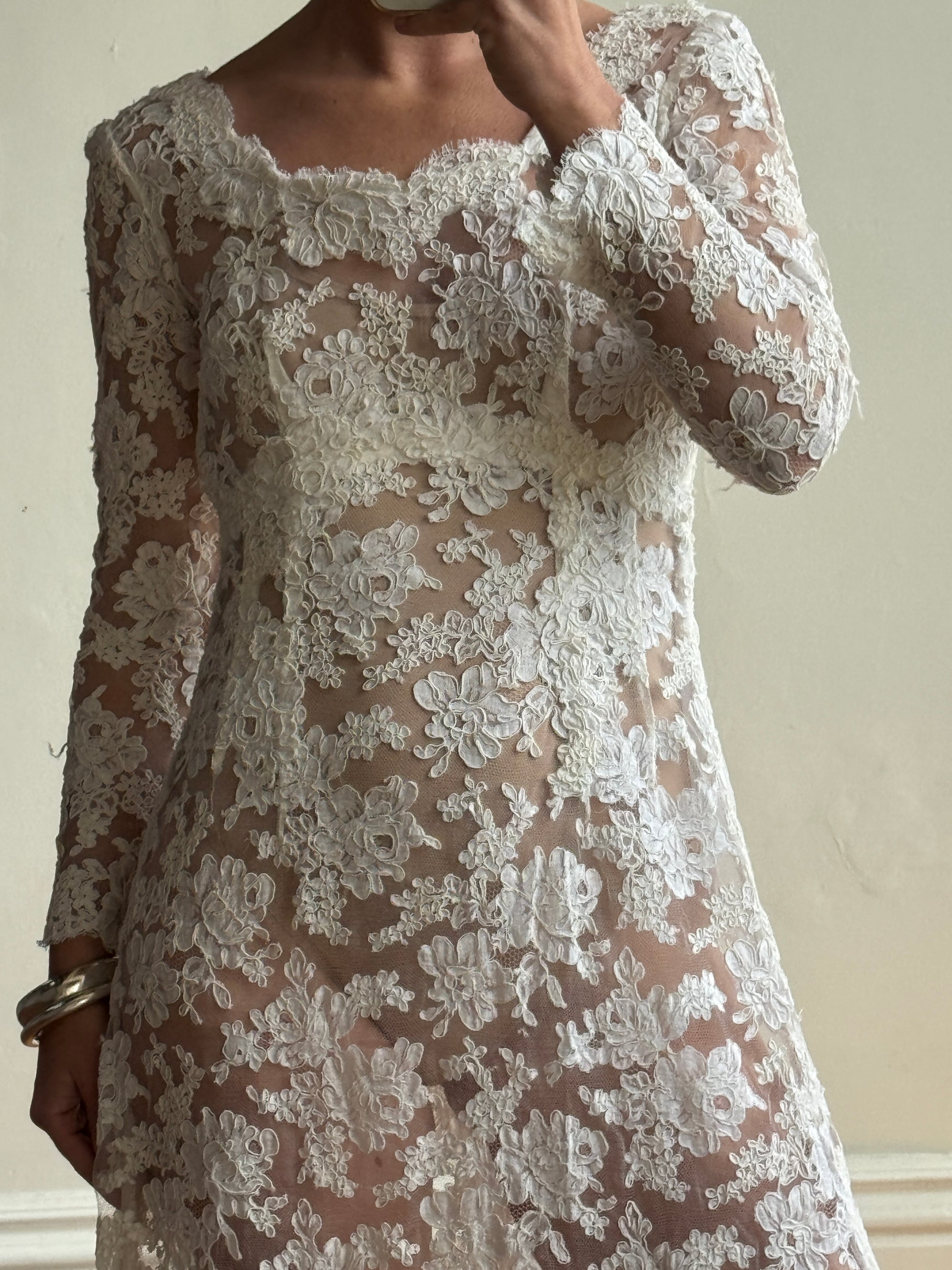 Vintage 60s Guipure Lace Long Sleeve Wedding Gown with Train