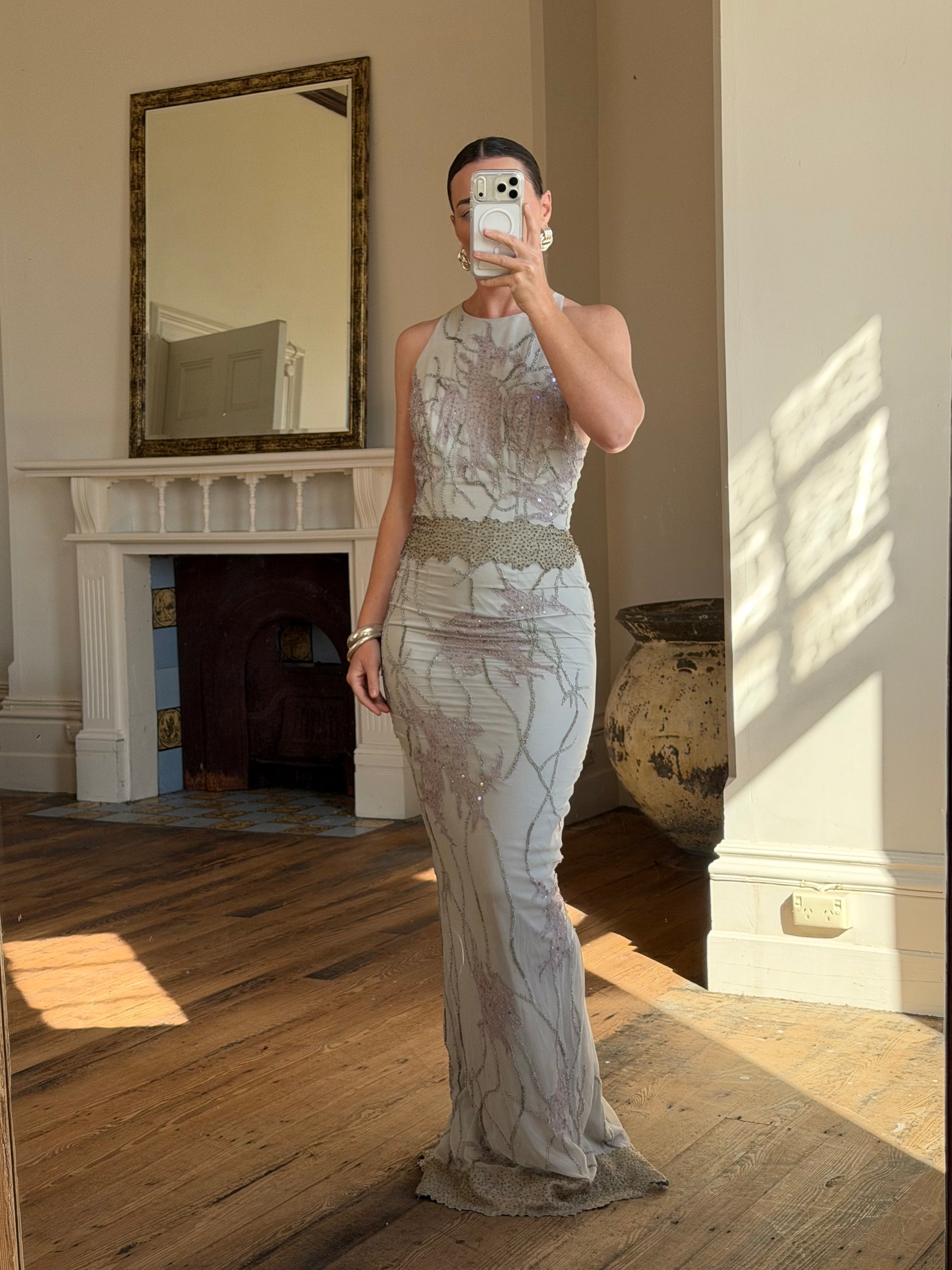 Vintage 90s Pure Silk High Front Embellished Lavender Gown