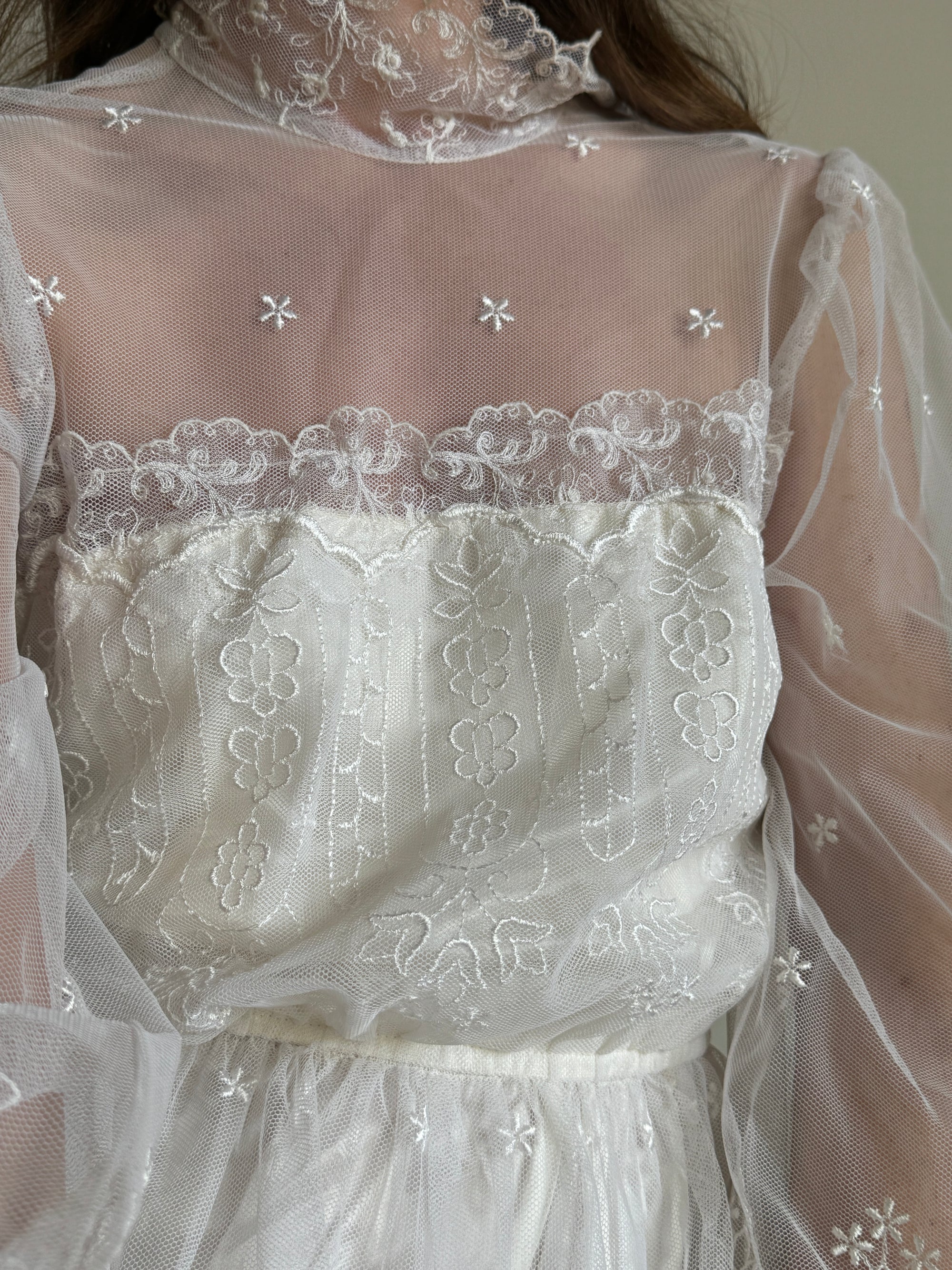 Vintage 70s High Neck Embroidered Long Sleeve Wedding Dress