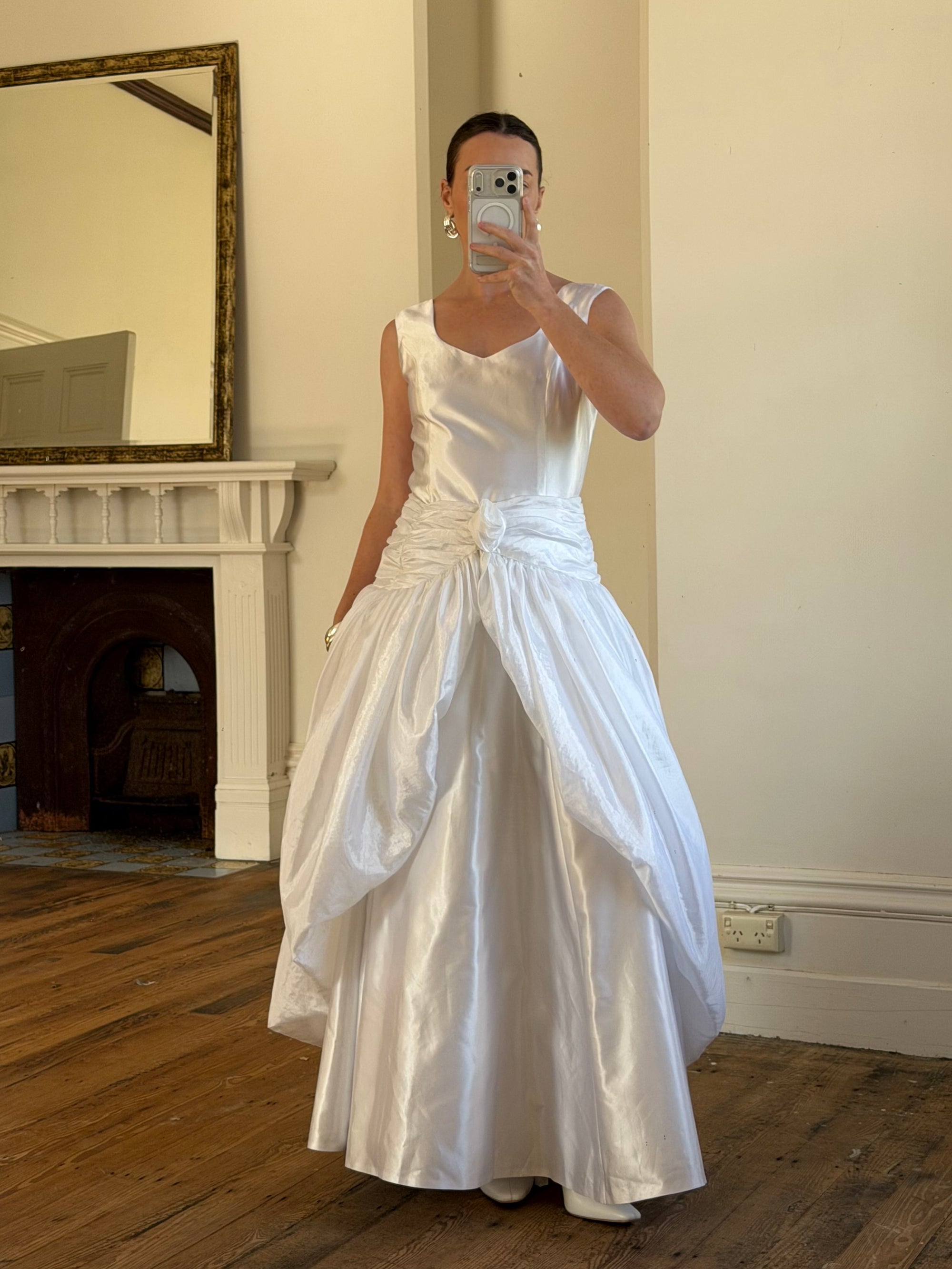 Vintage 90s Strappy Wedding Dress With Rosette Cape Pearl