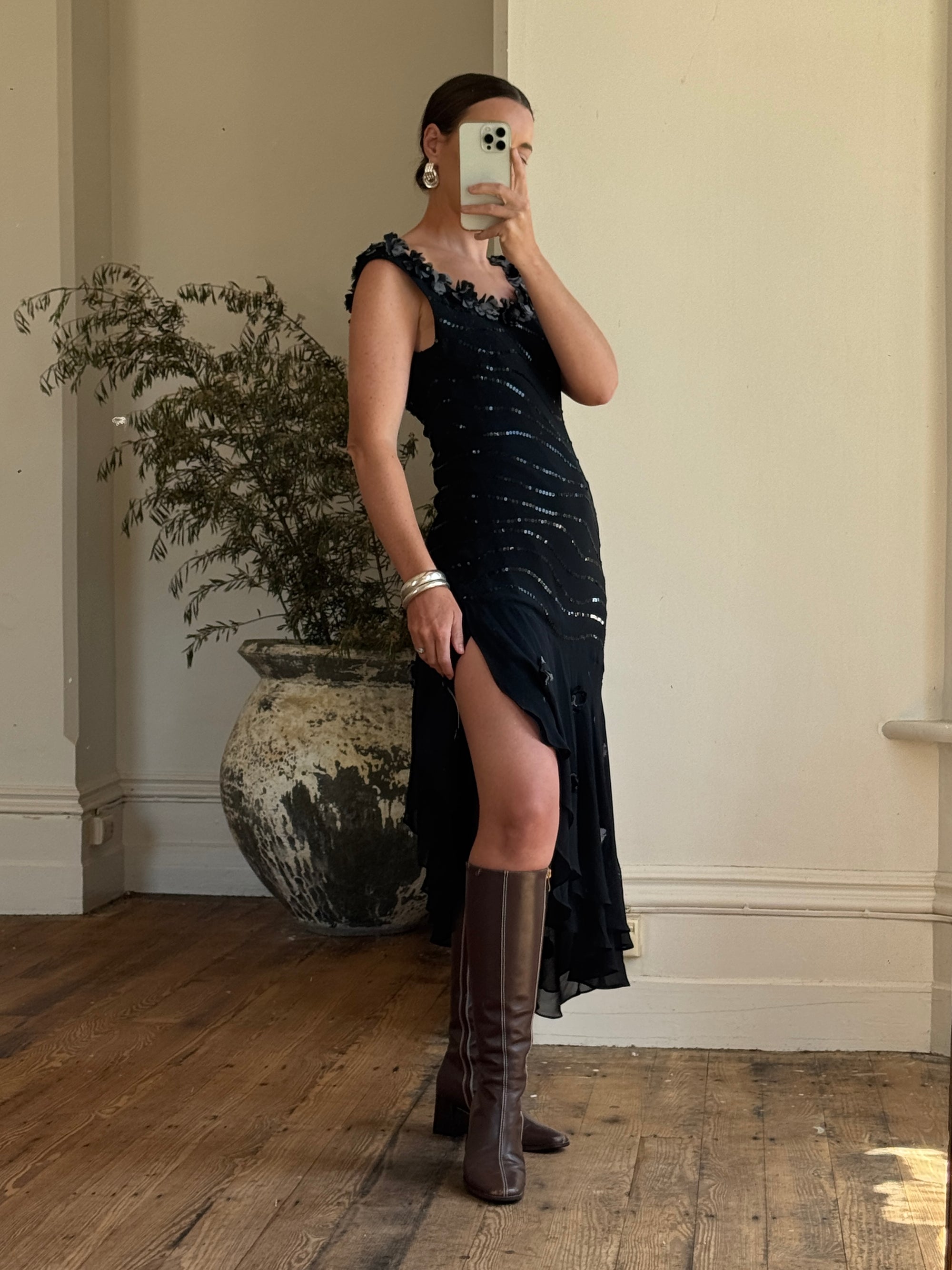 Vintage Y2K Pure Silk Sequin Fairy Dress Noir