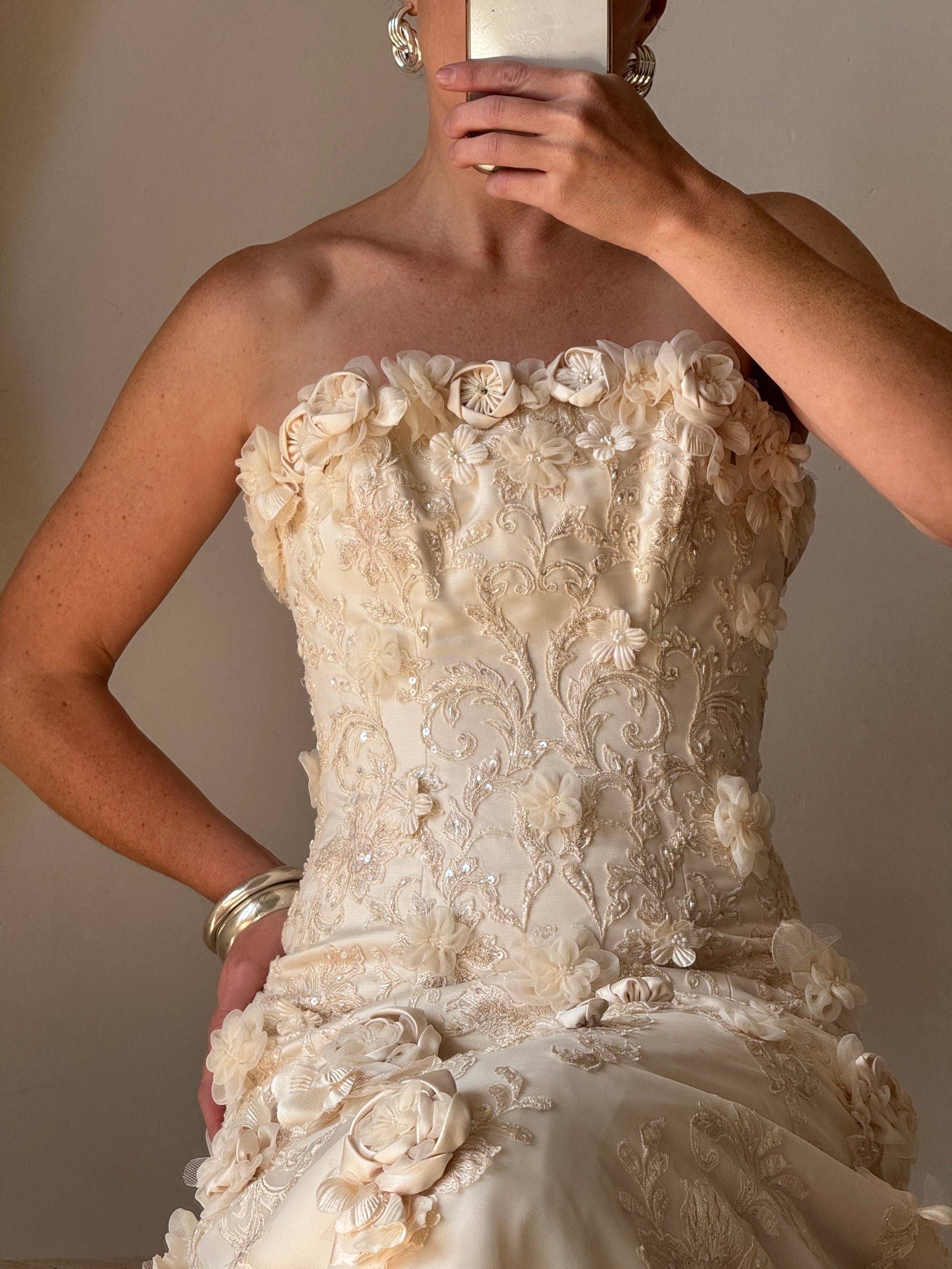 Vintage 90s Haute Couture 3D Floral Strapless Wedding Gown