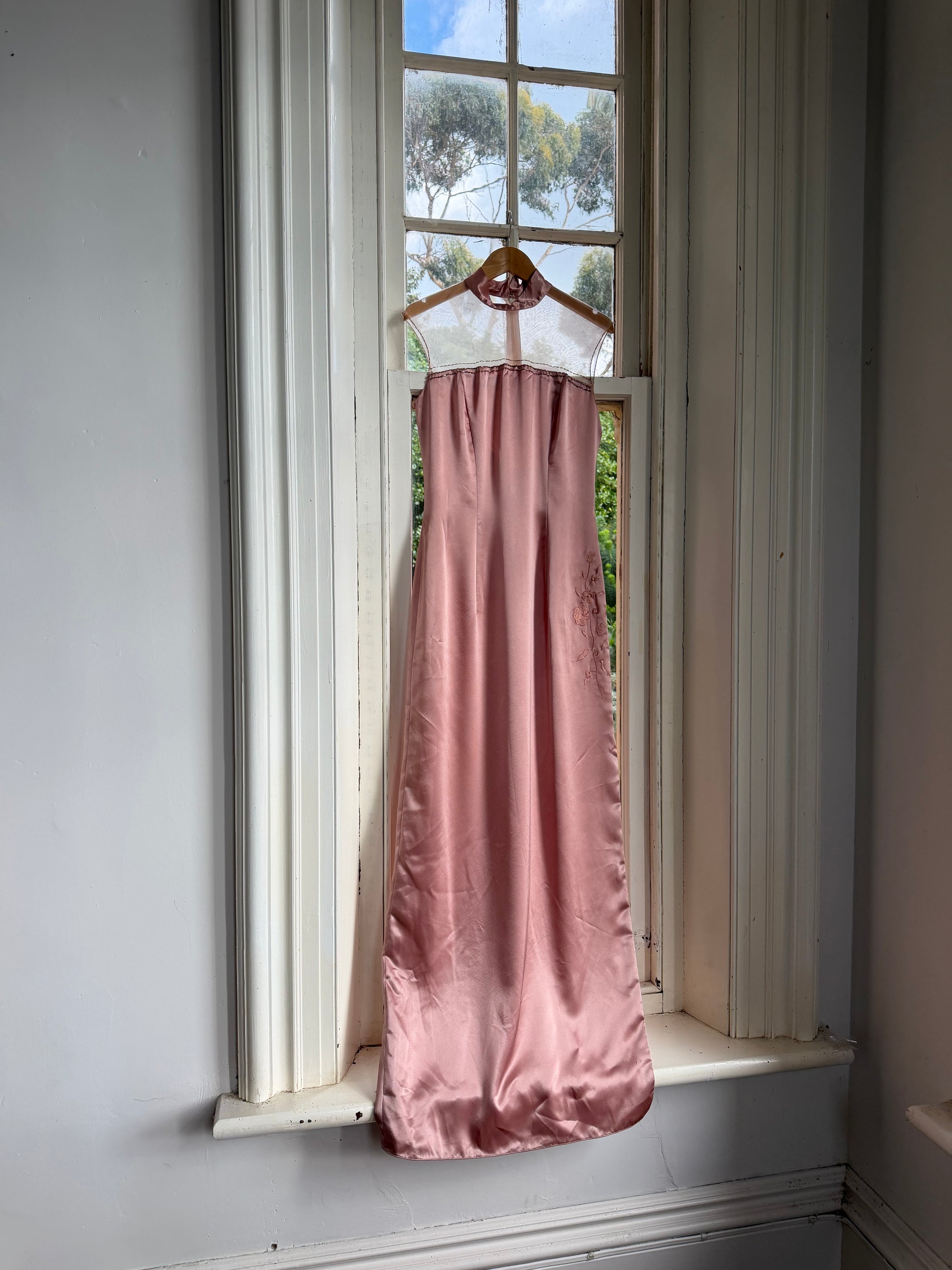 Vintage 90s Dusty Rose Satin High Neck Dress