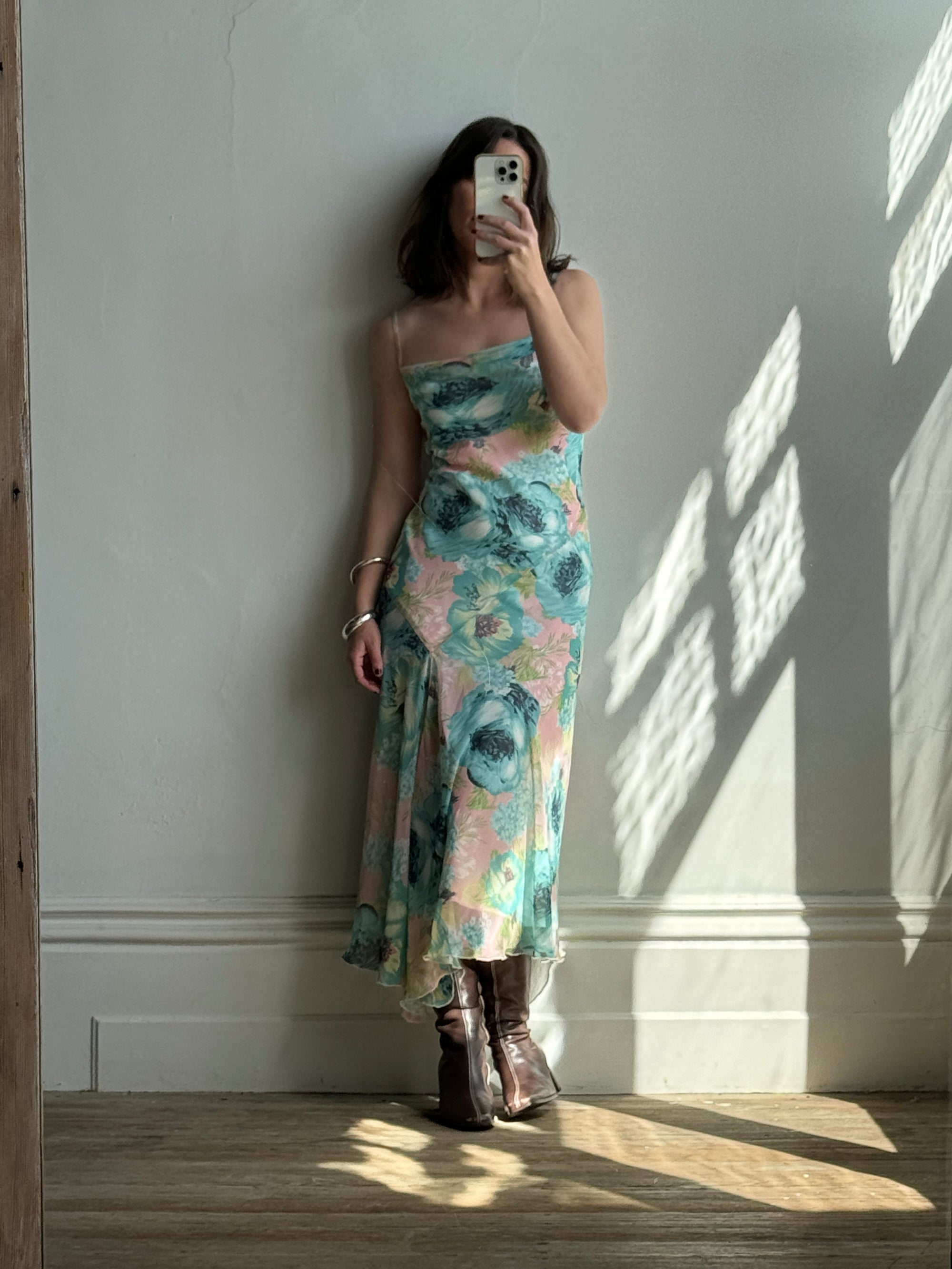 Vintage 90s Peach and Aqua Floral Bias Slip Dress Call Me The Breeze Vintage 90s Peach and Aqua Floral Bias Slip Dress Call Me The Breeze
