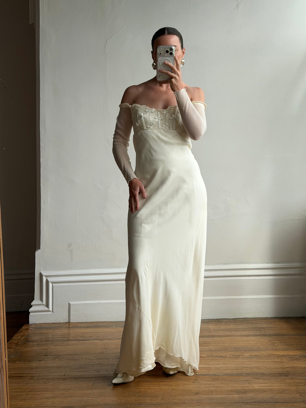 Vintage 90s Pure Silk Chiffon Empire Bow Off Shoulder Wedding Dress