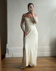 Vintage 90s Pure Silk Chiffon Empire Bow Off Shoulder Wedding Dress