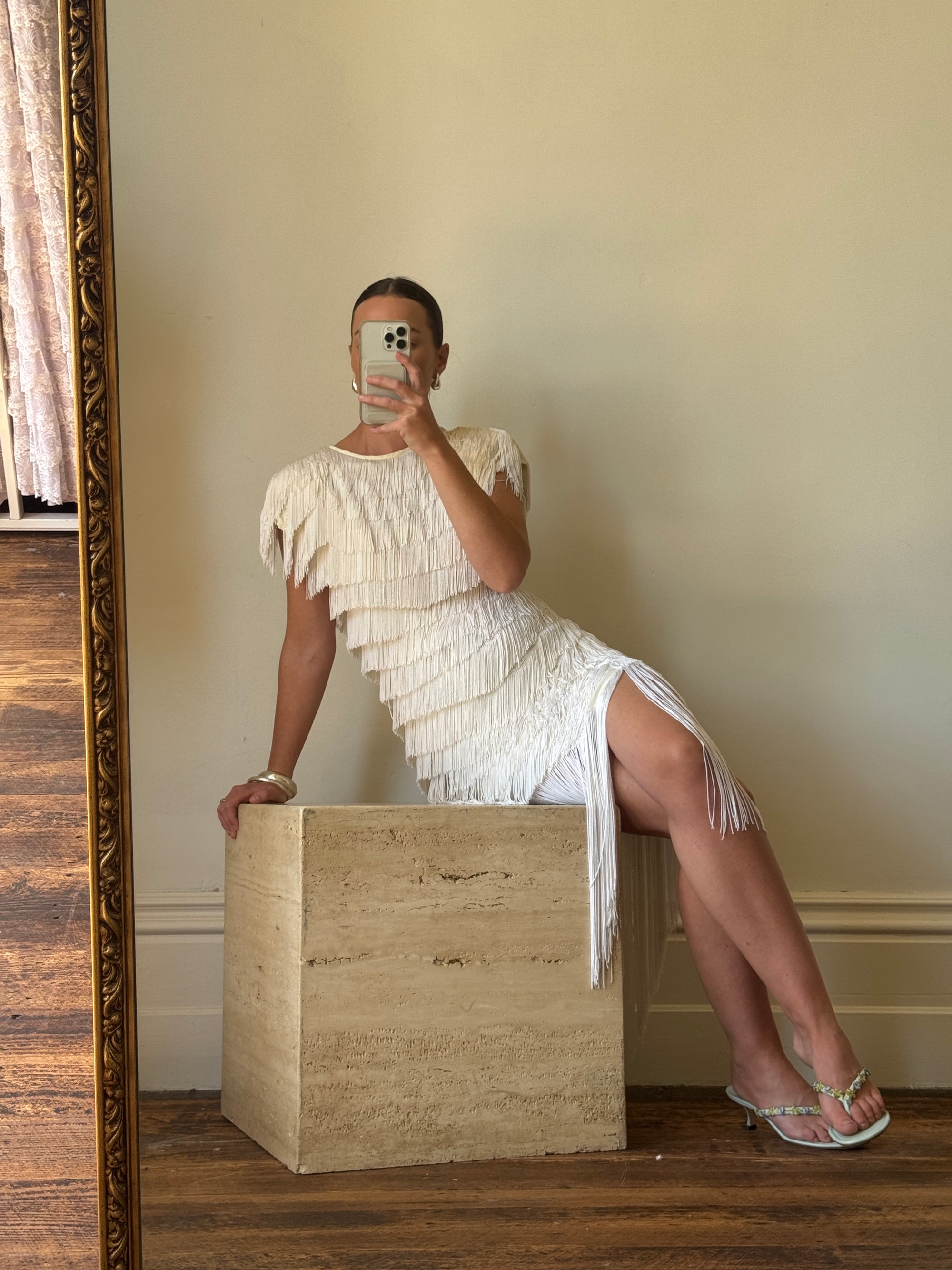 Vintage 80s Fringed Mini Party Dress Ivory