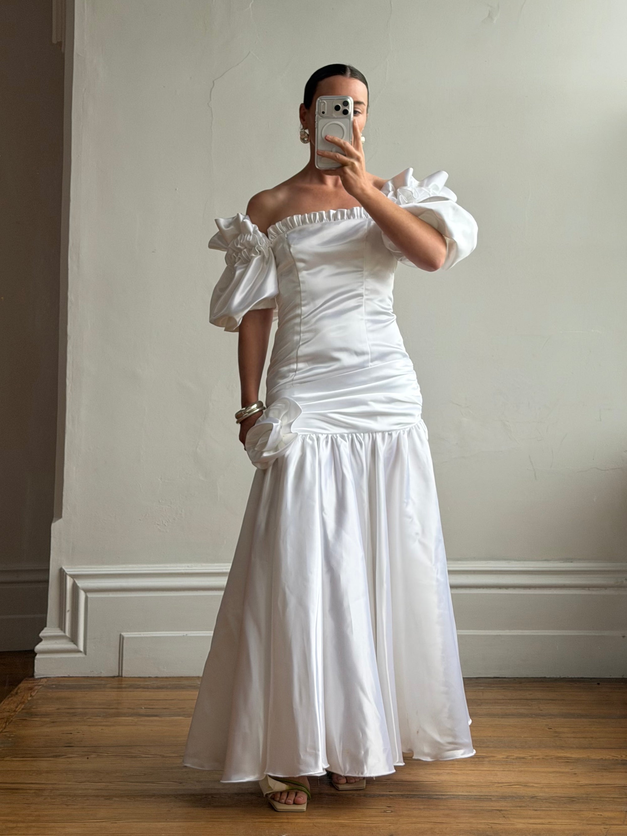 Vintage 80s Satin Drop Waist Wedding Gown