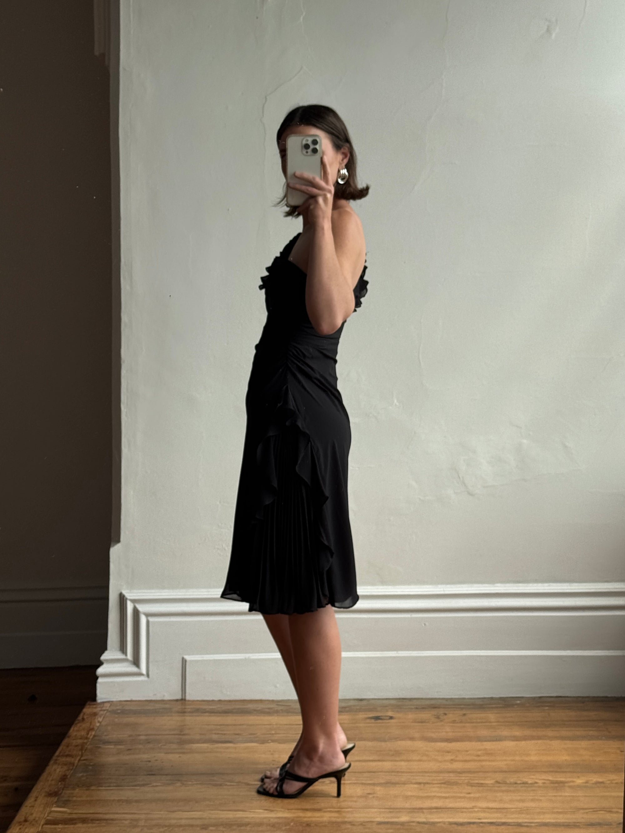Vintage 90s One Shoulder Ruffle Jersey Dress Noir