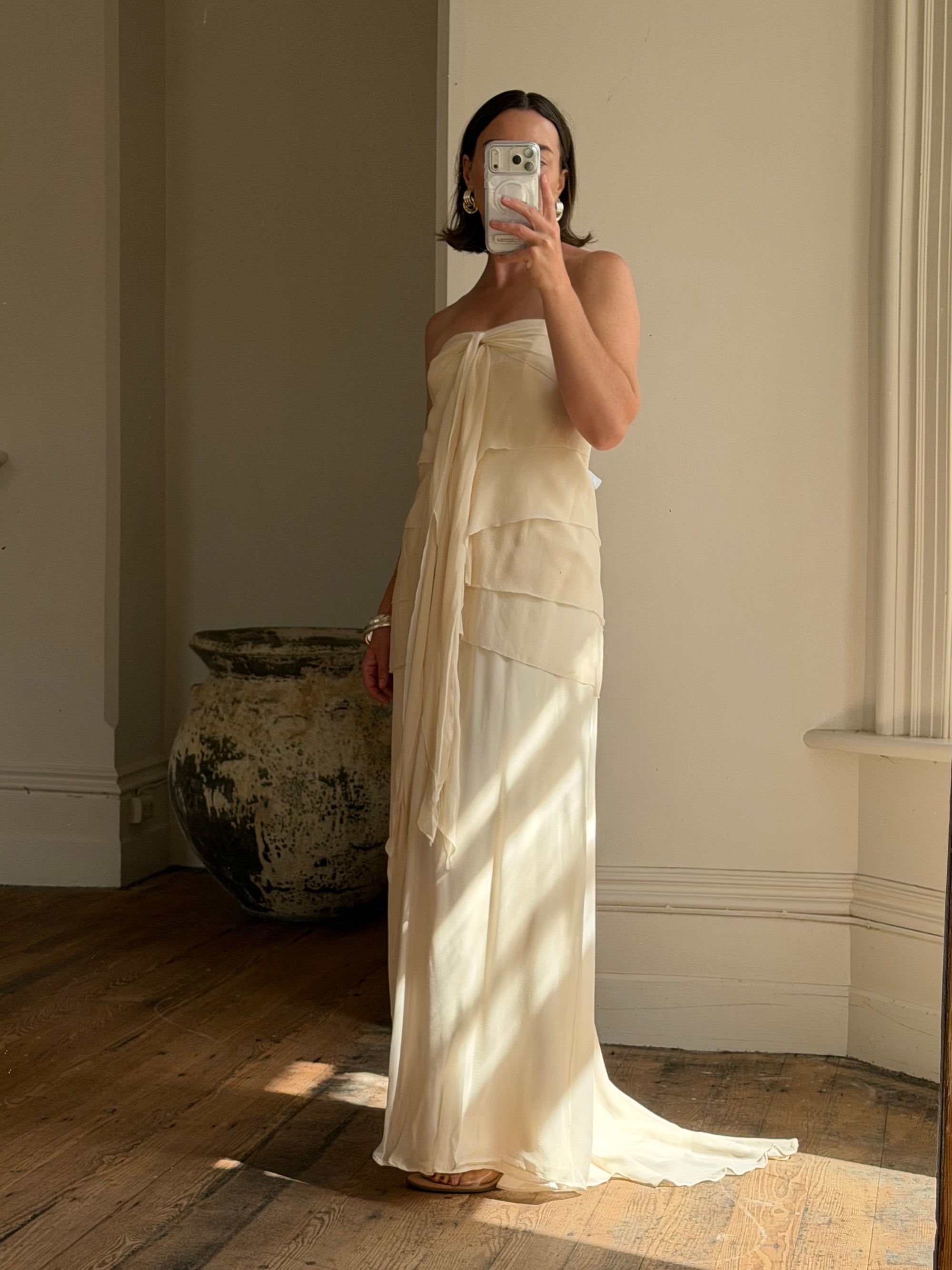 Vintage 90s Pure Silk Waterfall Strapless Bridal Gown