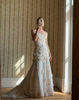 Vintage 90s Haute Couture 3D Floral Strapless Wedding Gown