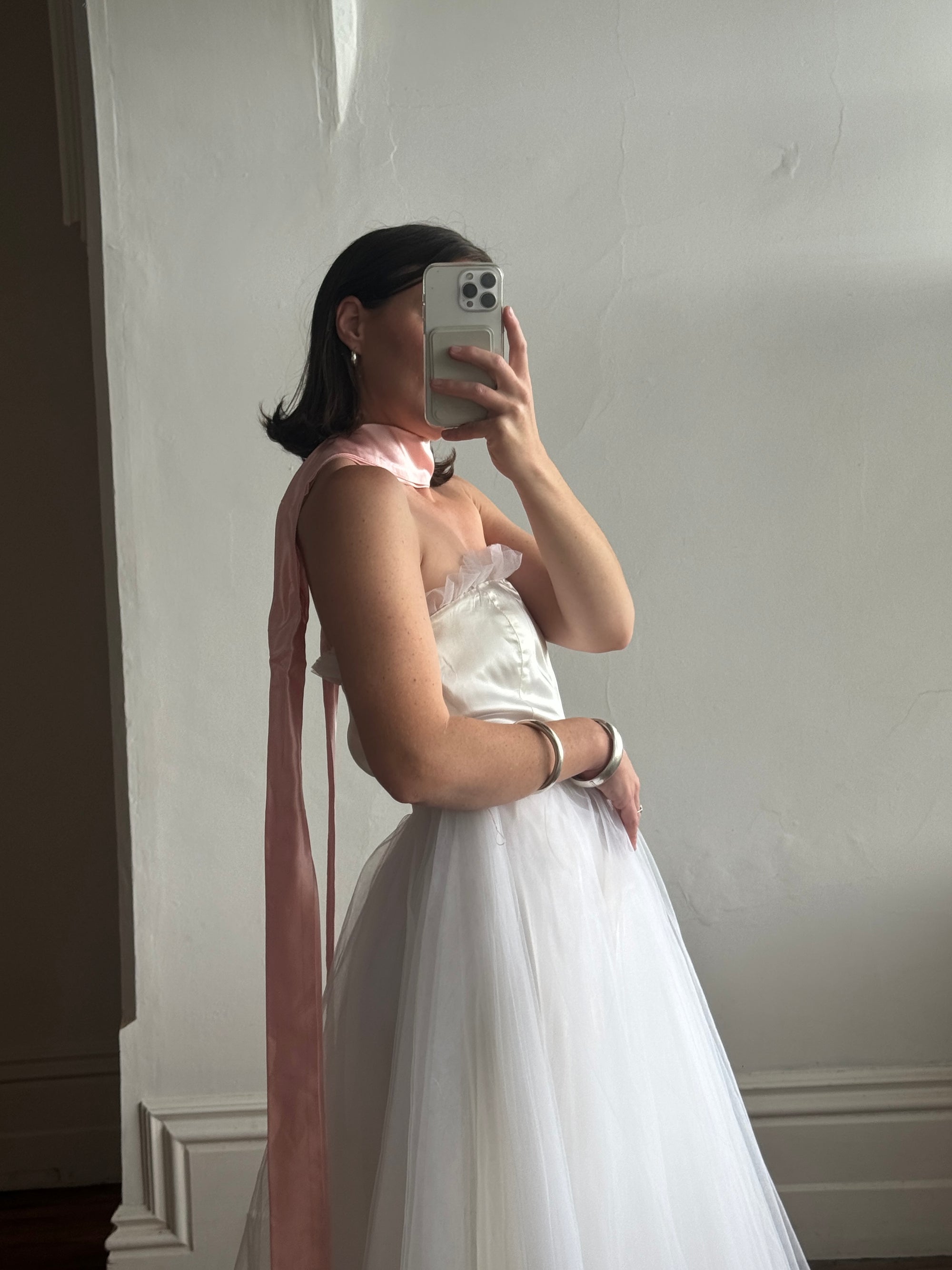 Vintage 80s Cupcake Tulle Dress With Salmon Waist Tie
