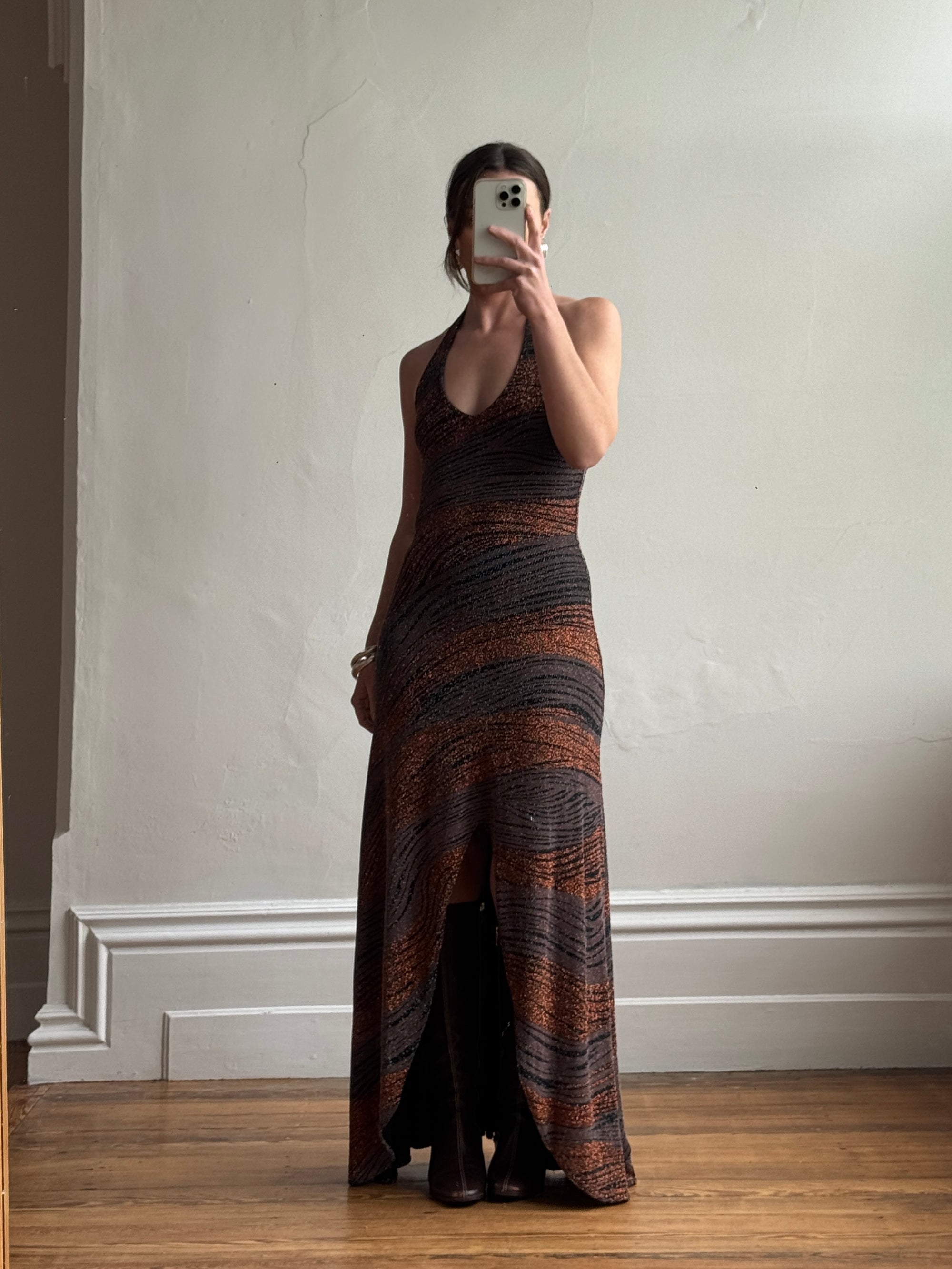 Vintage 90s Bodycon Bronze Lurex Halter Dress Call Me The Breeze Vintage 90s Bodycon Bronze Lurex Halter Dress Call Me The Breeze