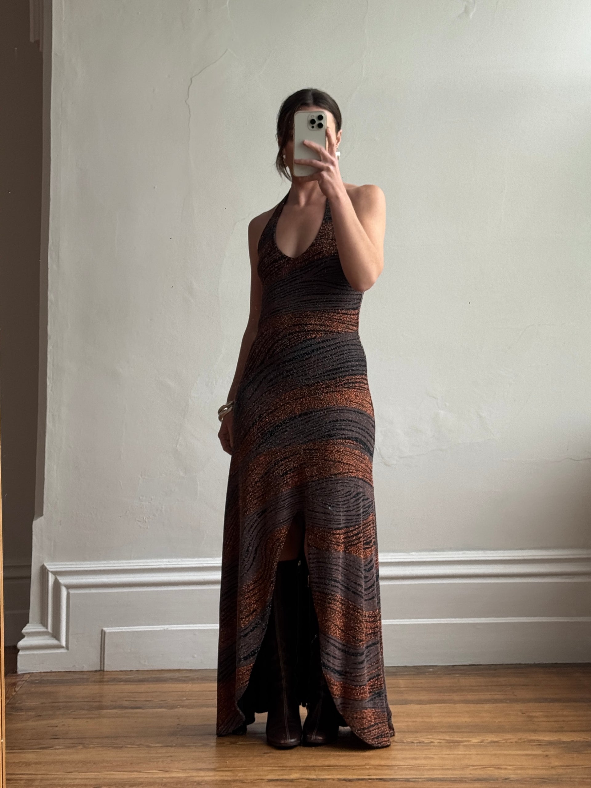Vintage 90s Bodycon Bronze Lurex Halter Dress – Call Me The Breeze