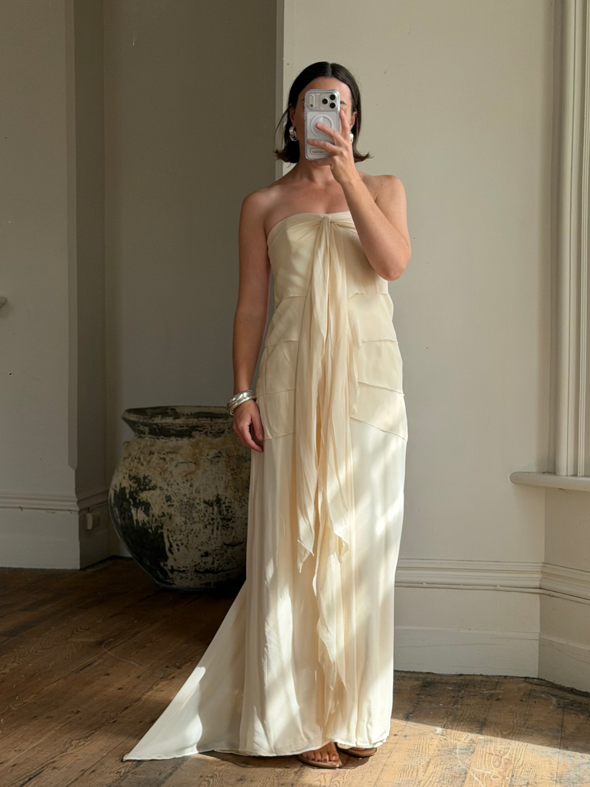Vintage 90s Pure Silk Waterfall Strapless Bridal Gown