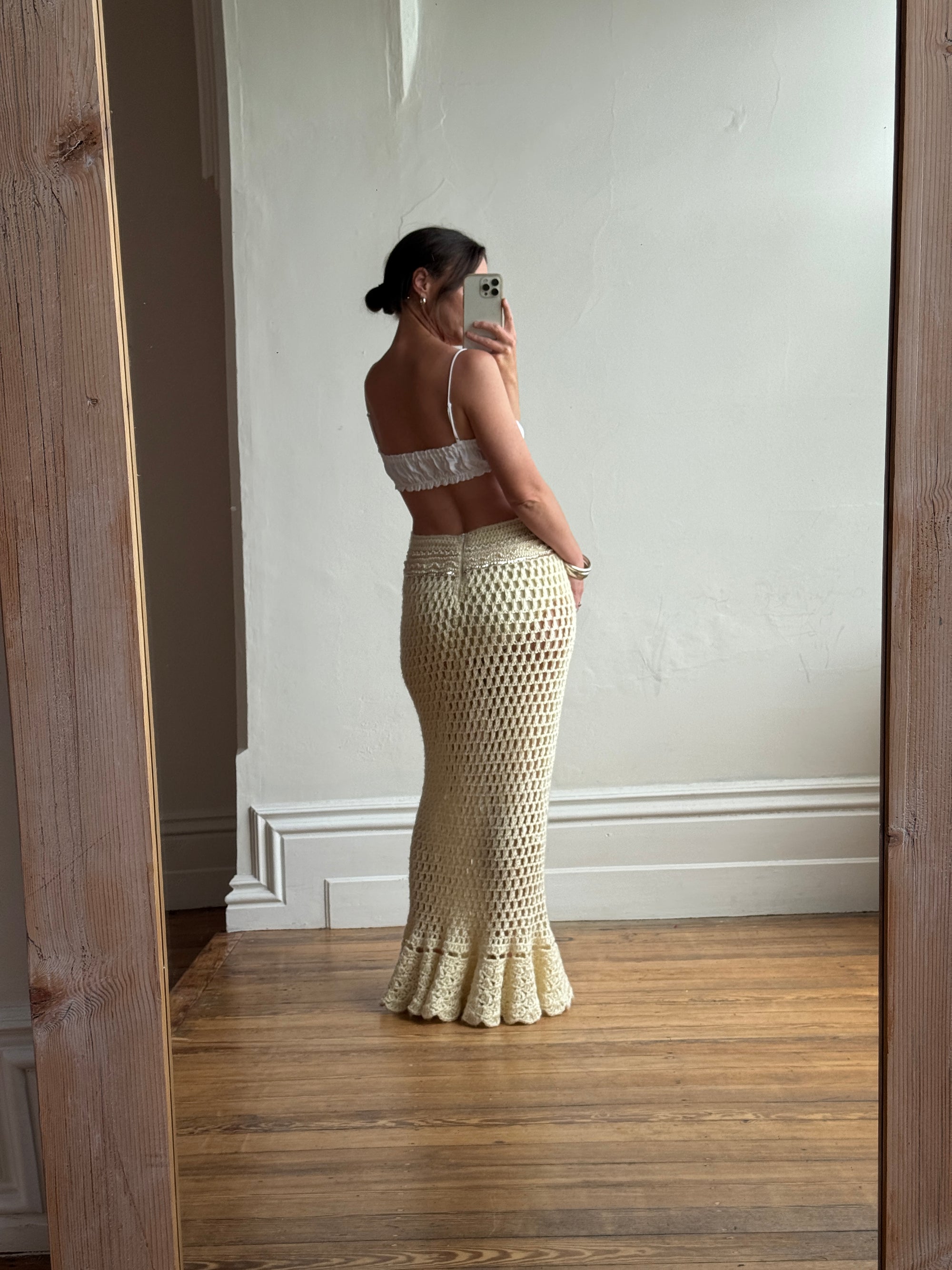 Vintage 70s Wool Crochet Beaded Mermaid Bias Skirt