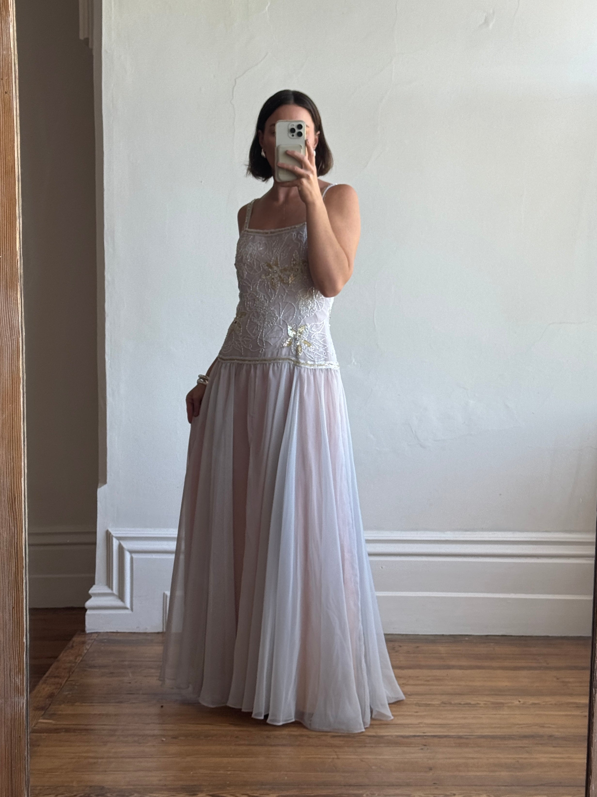 Vintage 70s Drop Waist Beaded Dress Sunrise Lilac